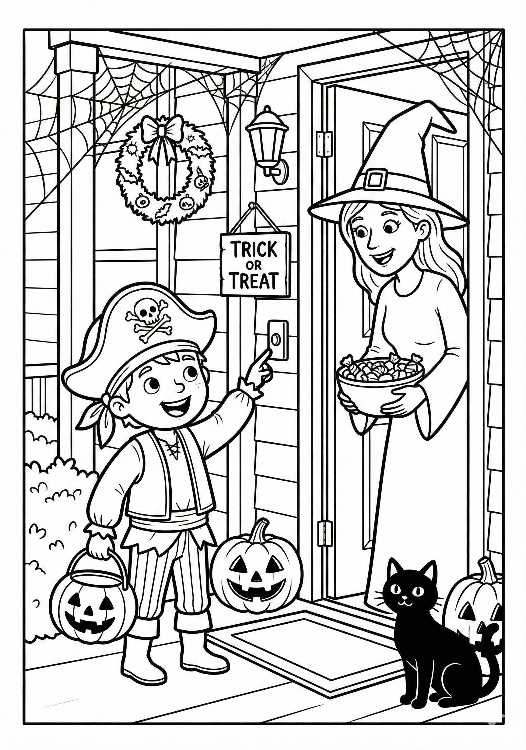 Trick-or-treat at door Halloween coloring page for kids age 6-8