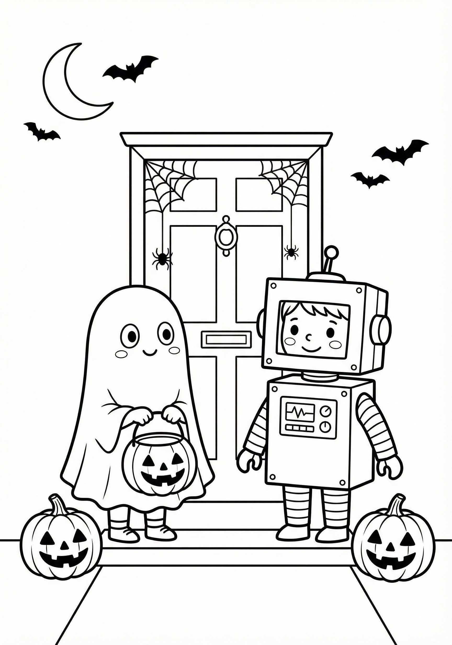 Trick-or-treat scene Halloween coloring page for kids age 6-8