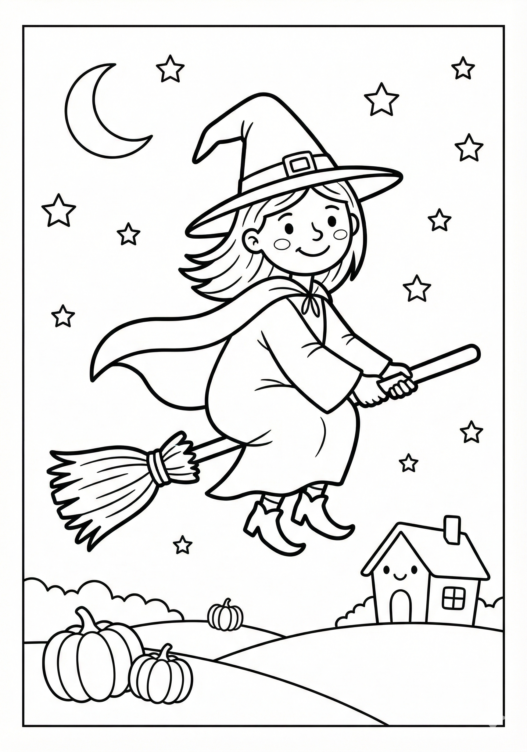 Witch on broomstick Halloween coloring page for kids age 6-8