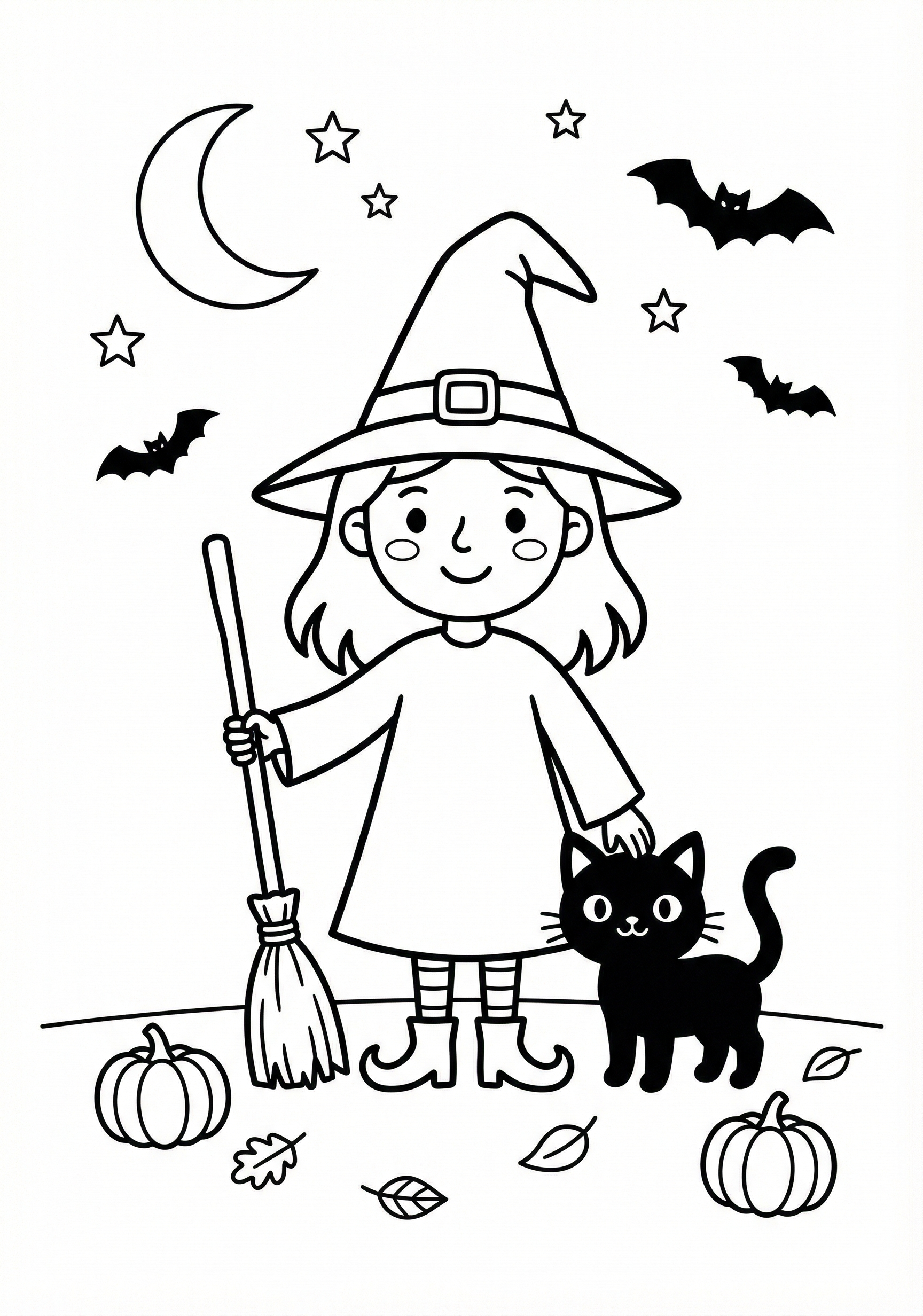 Witch with cat Halloween coloring page for kids age 6-8