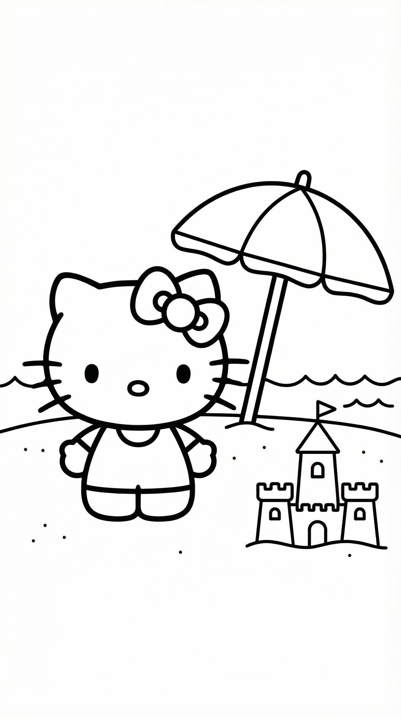 Hello Kitty at the beach with umbrella and waves coloring page for kids age 6-8
