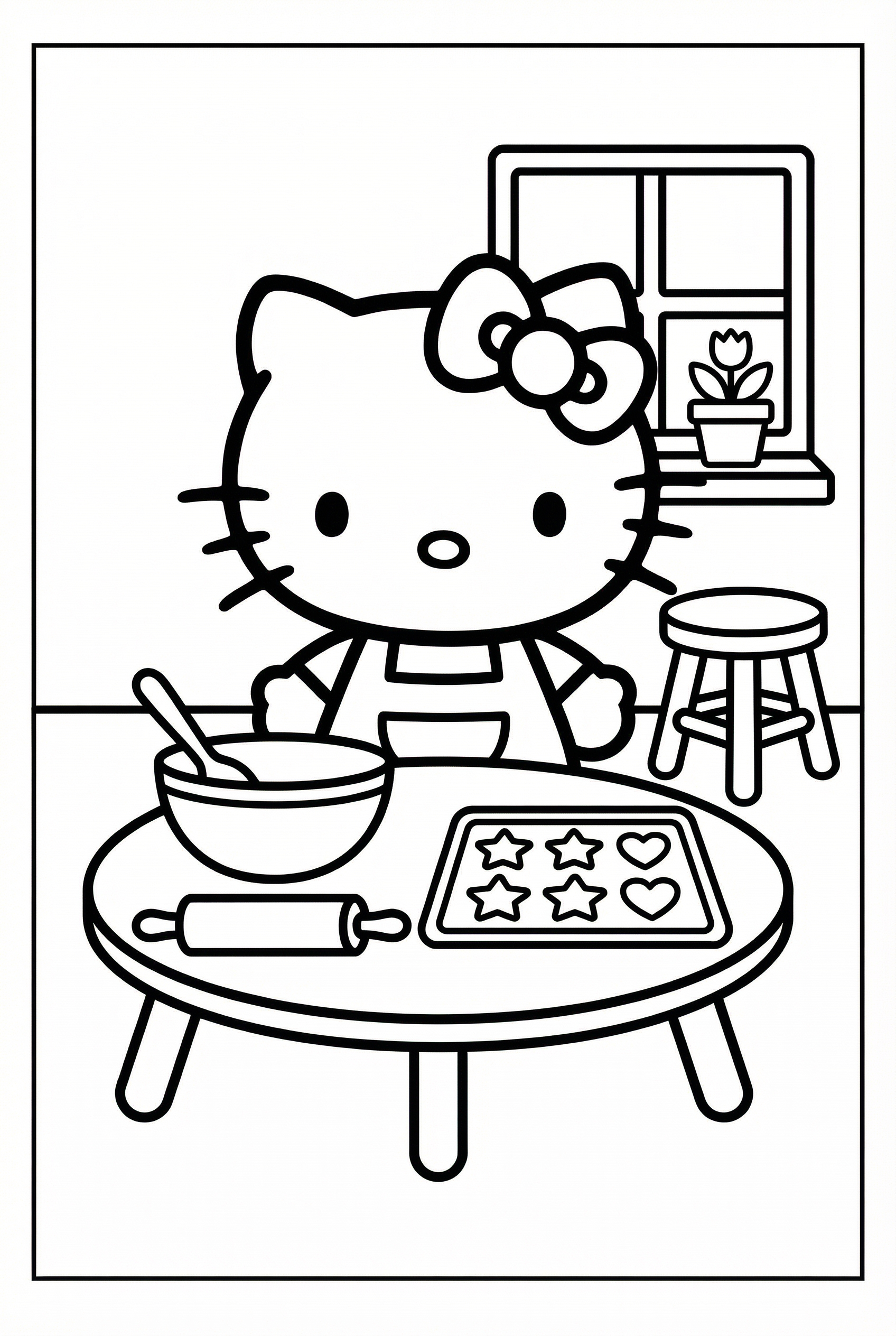 Hello Kitty baking cookies in a simple kitchen scene coloring page for kids age 6-8