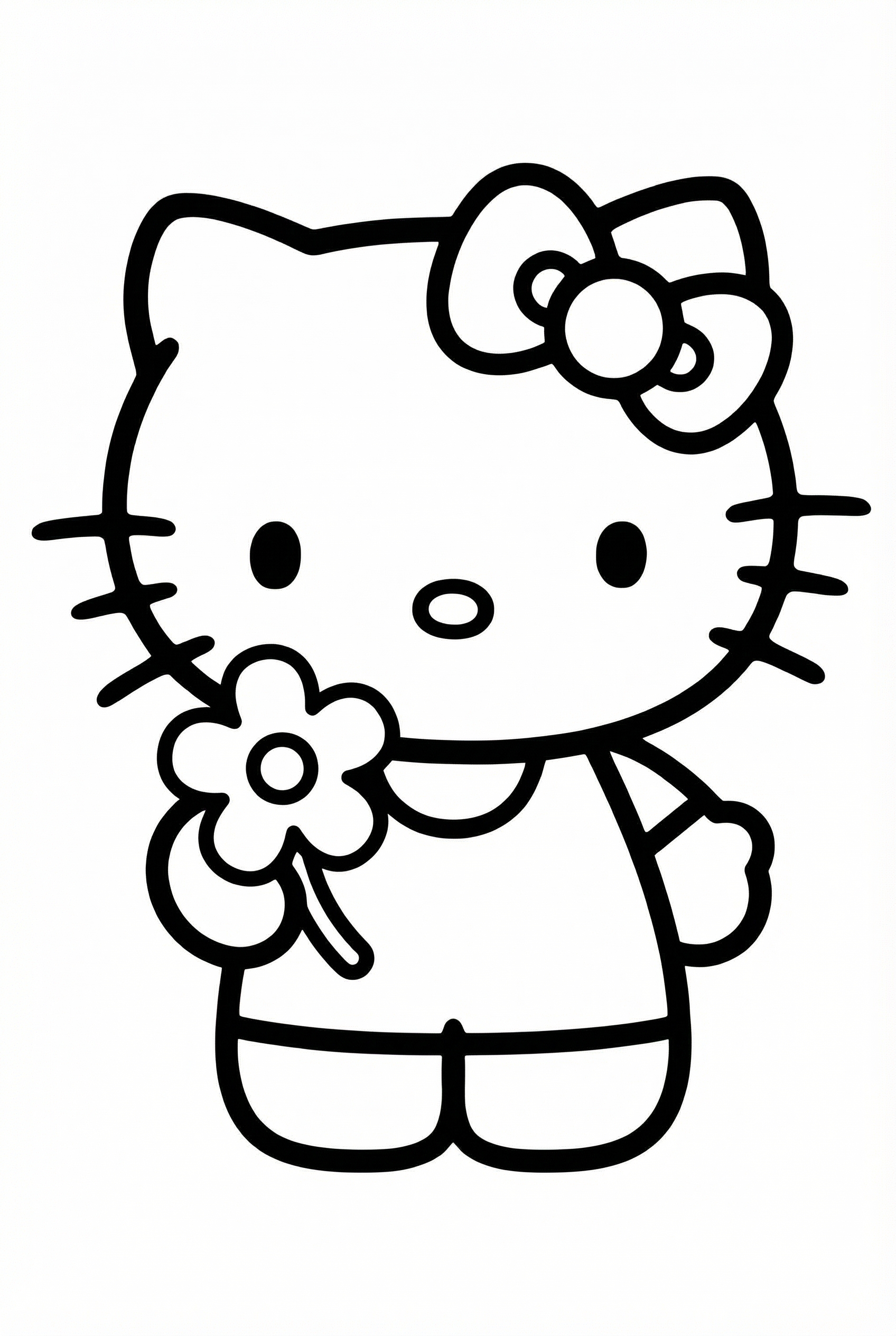 Hello Kitty with one simple flower coloring page for toddlers age 3-5