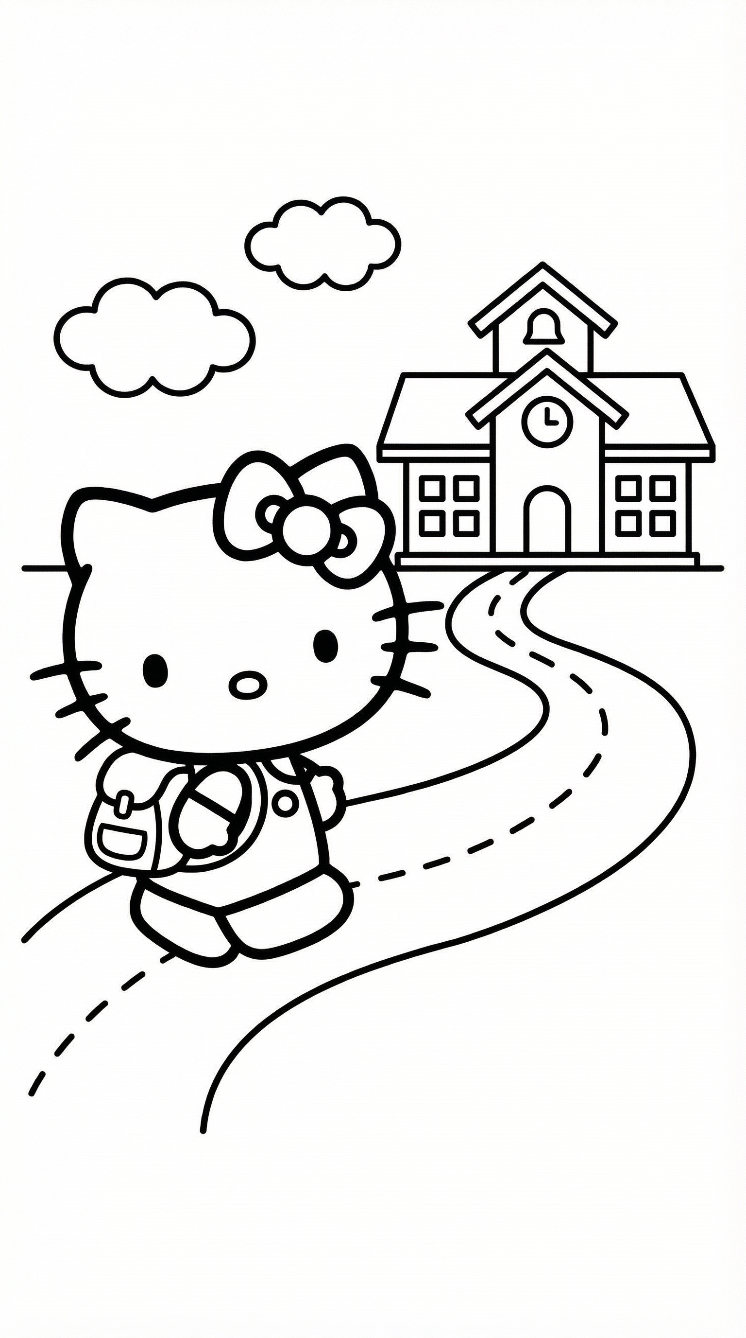 Hello Kitty with backpack walking to school coloring page for kids age 6-8