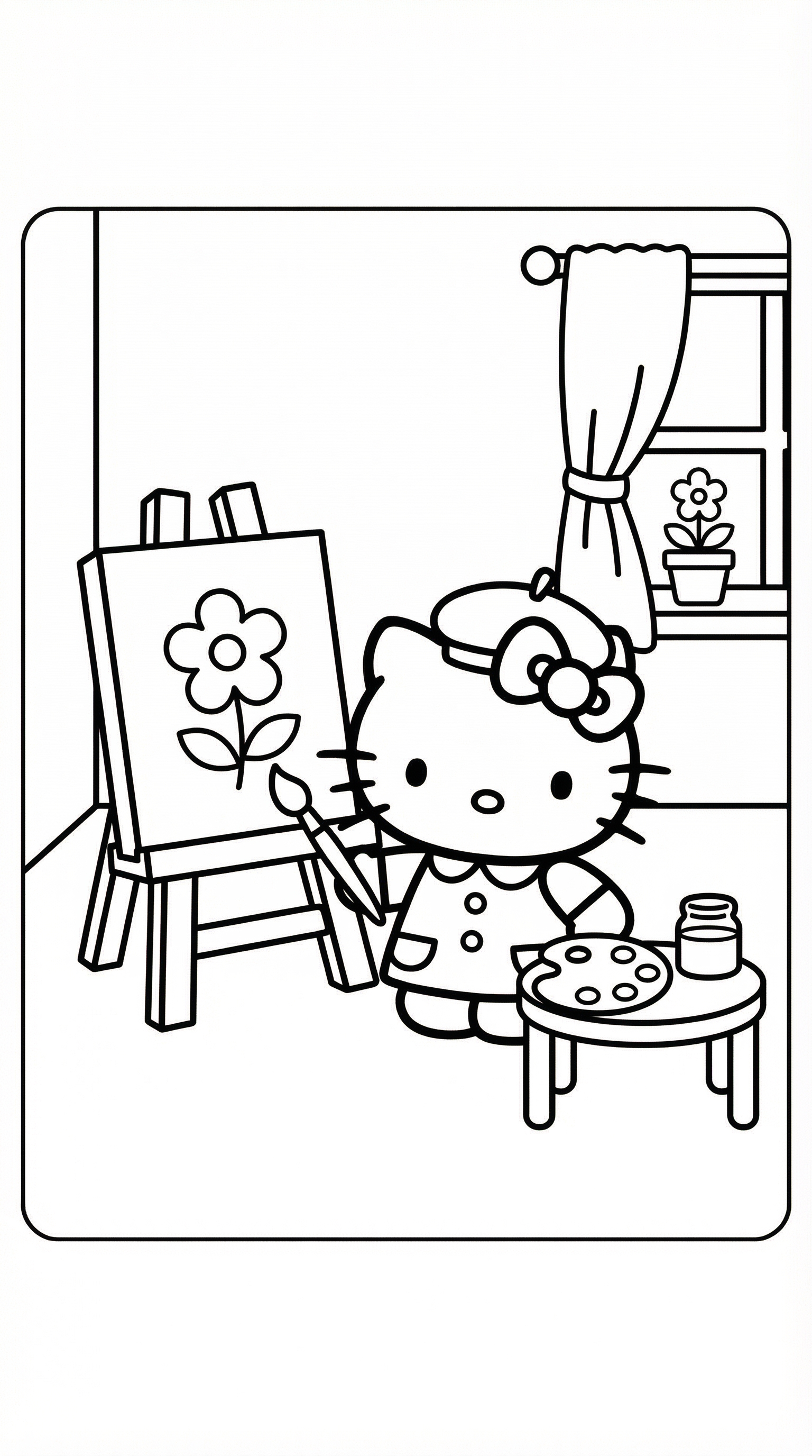 Hello Kitty painting on an easel in a simple room coloring page for kids age 6-8