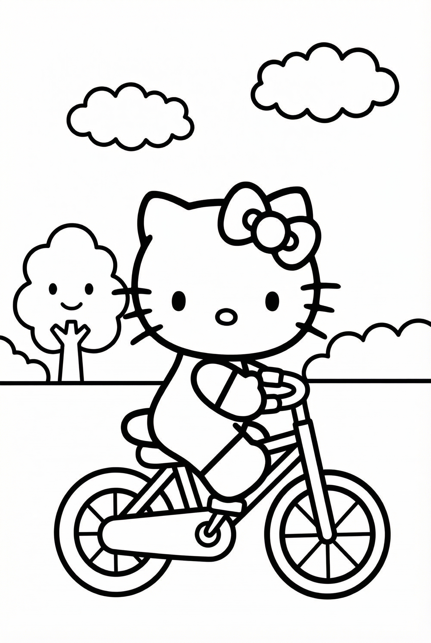 Hello Kitty riding a bicycle with a small tree and clouds coloring page for kids age 6-8
