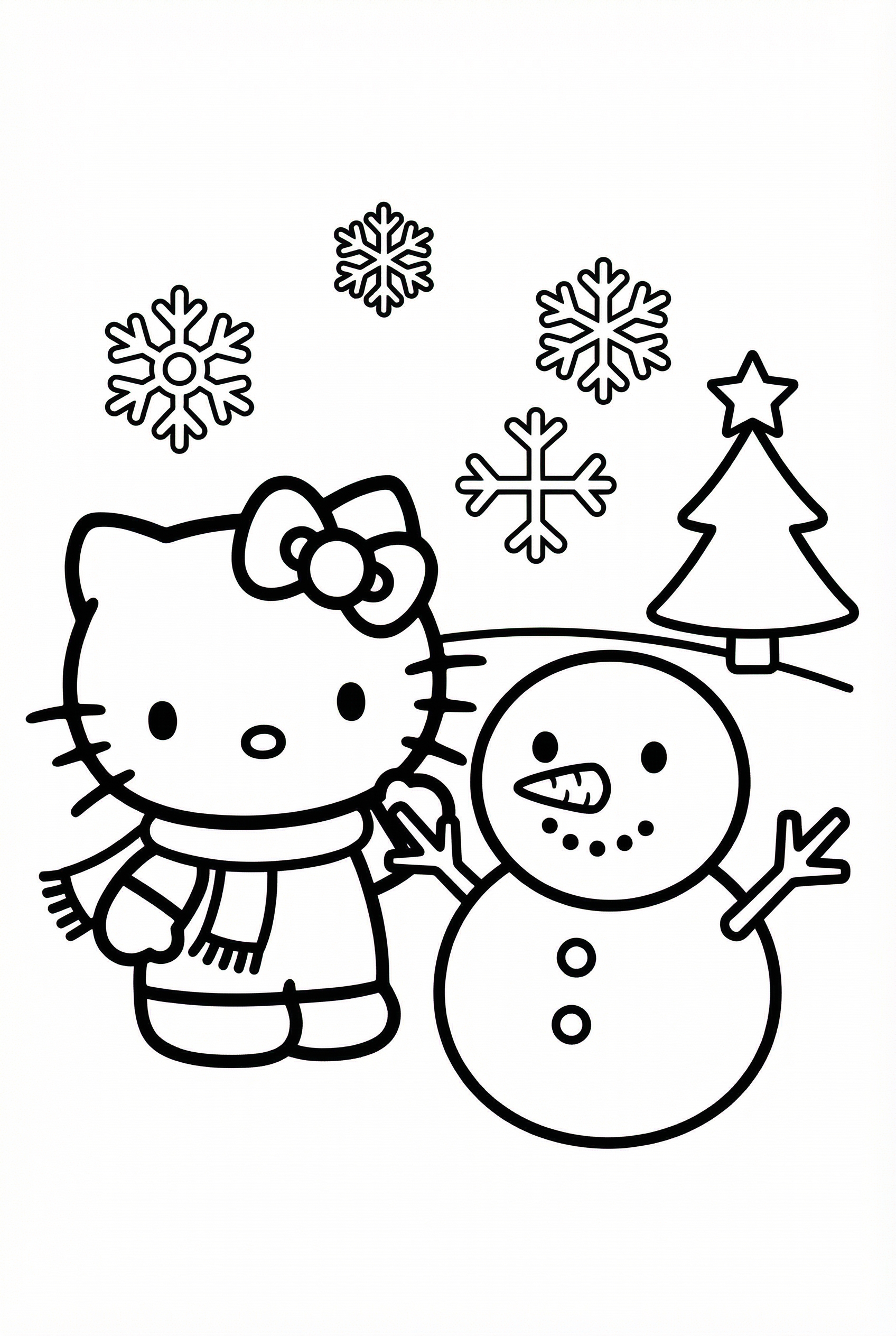 Hello Kitty with a snowman in a simple winter scene coloring page for kids age 6-8
