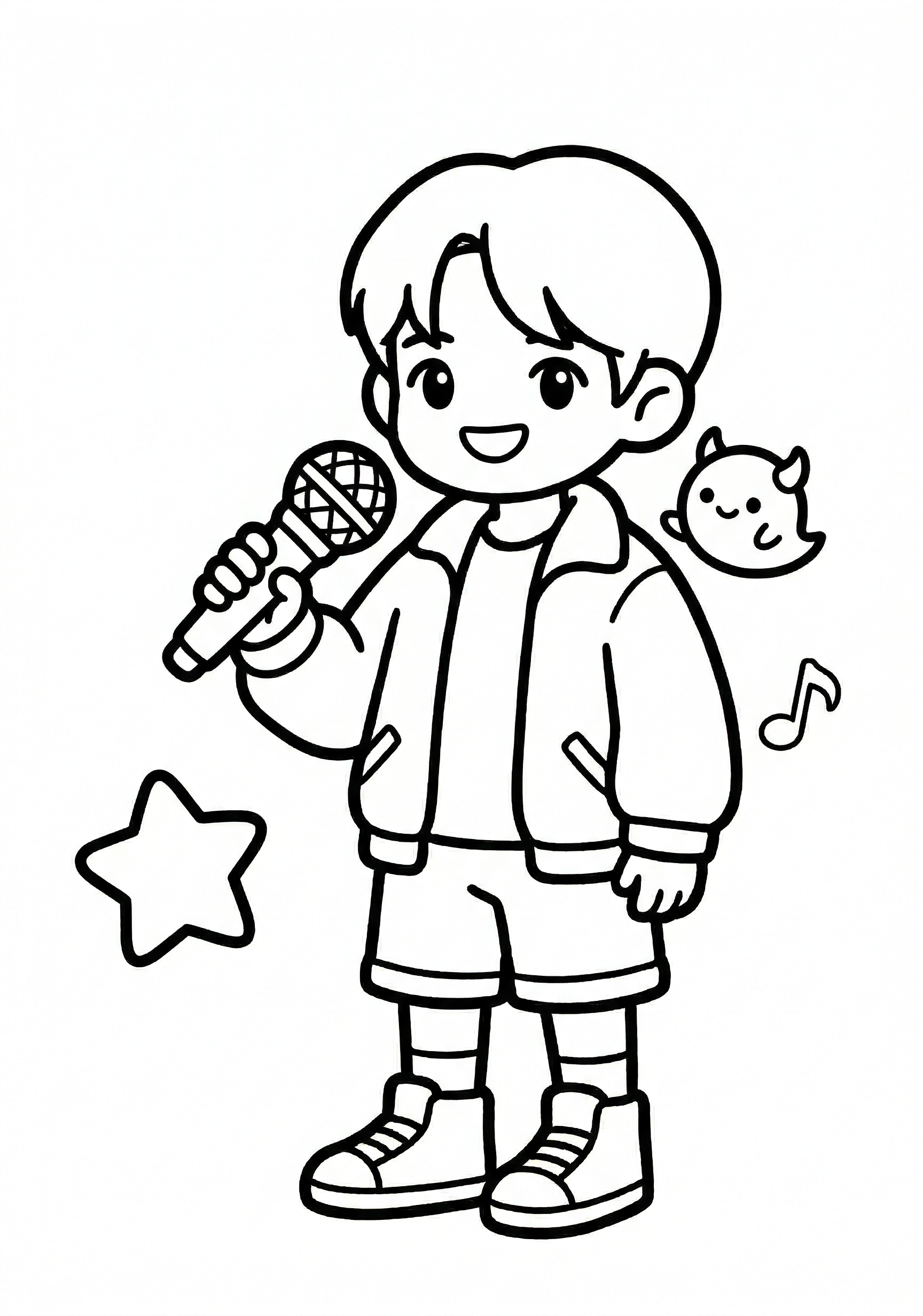 Happy chibi Kpop Demon Hunter close-up portrait with one tiny mascot spirit coloring page for toddlers age 3-5, big white spaces