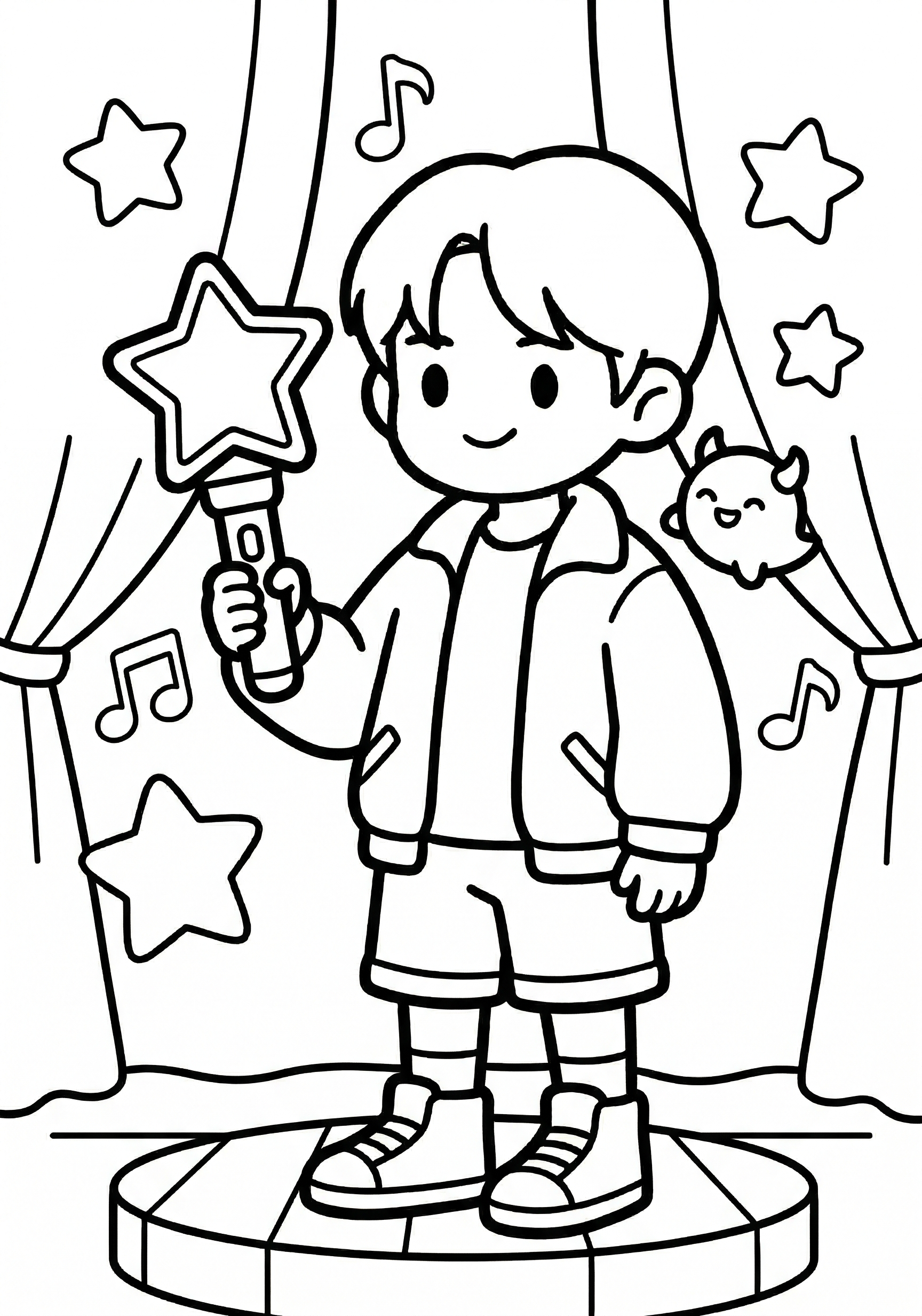 Kpop Demon Hunter pointing a lightstick at one floating cute spirit coloring page for preschool age 3-5, very thick lines