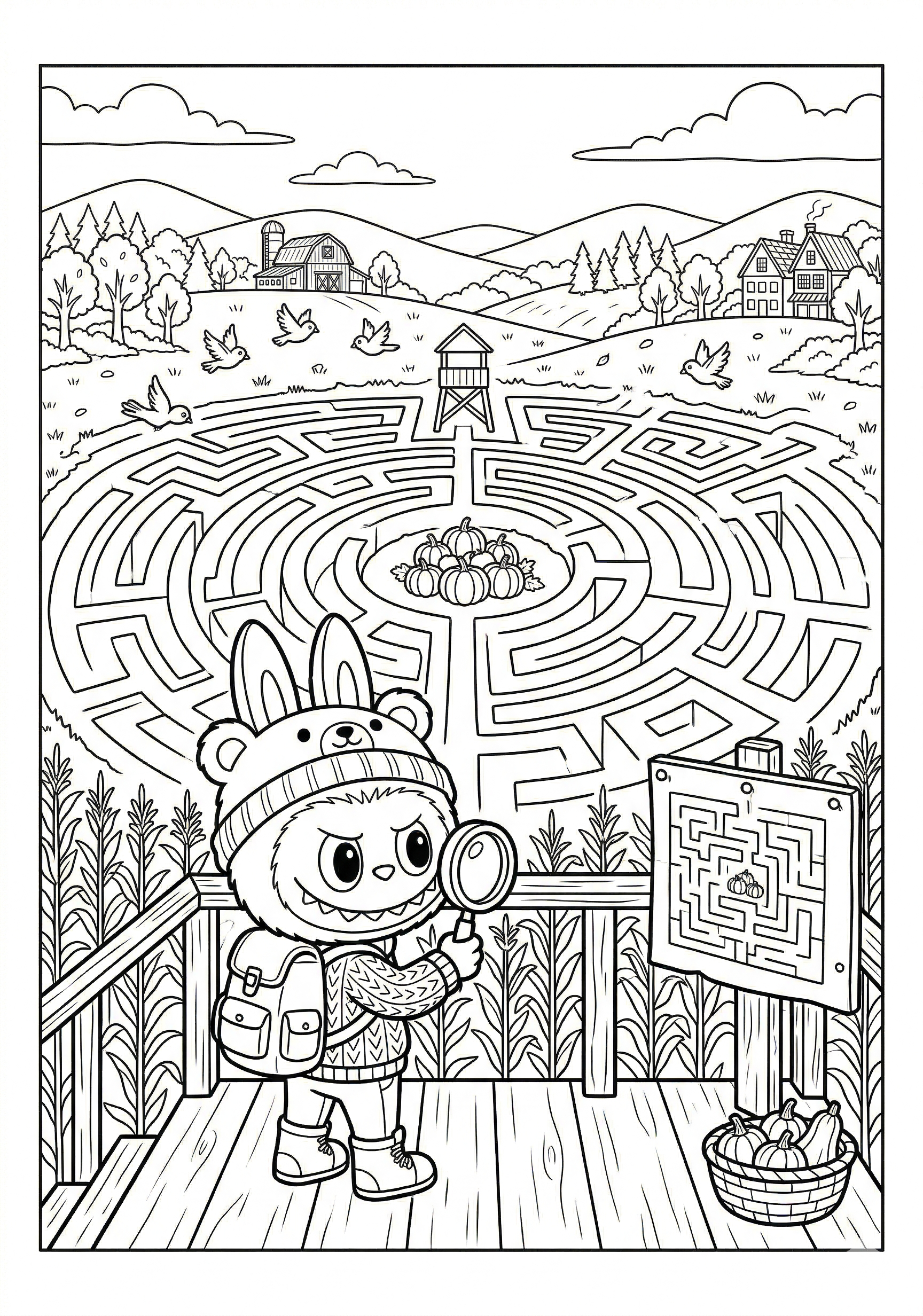 Labubu corn maze overlook with labubu coloring page for kids age 9-10