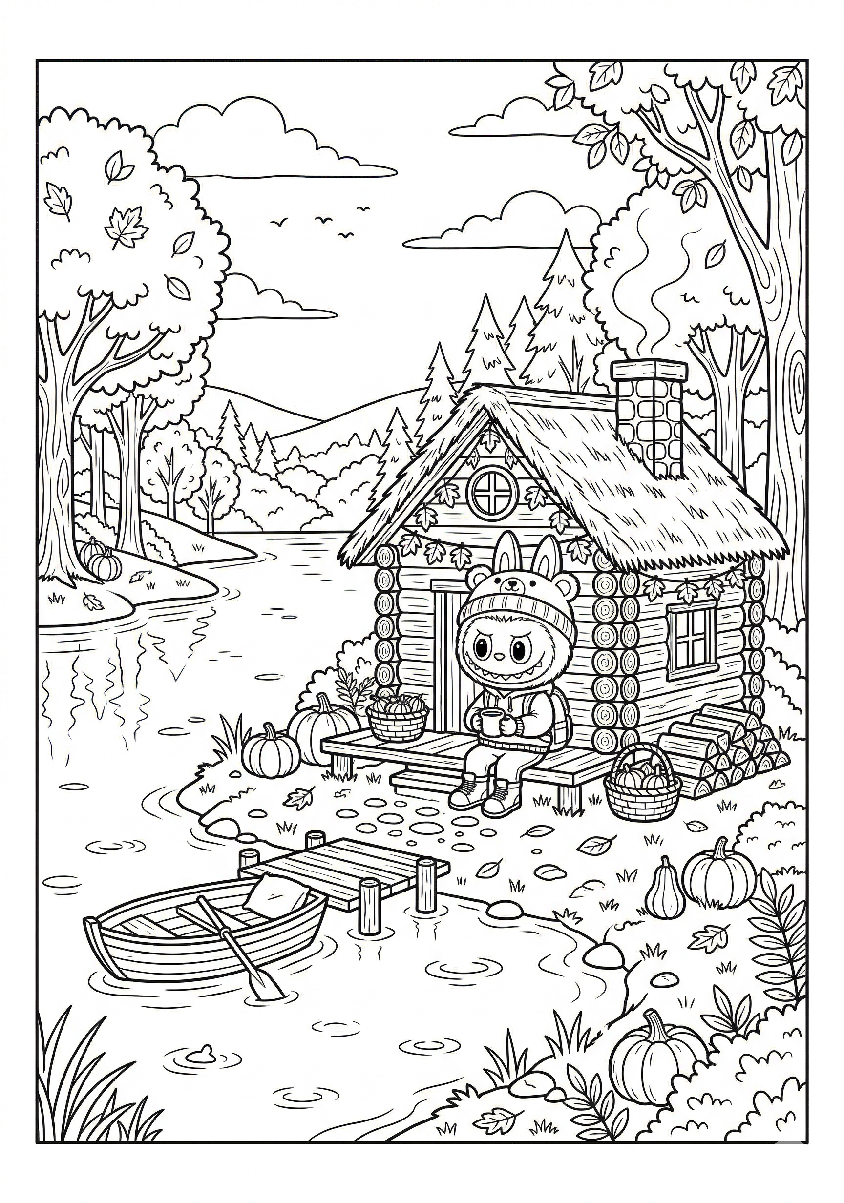 Labubu cozy cabin by lake with labubu coloring page for kids age 9-10