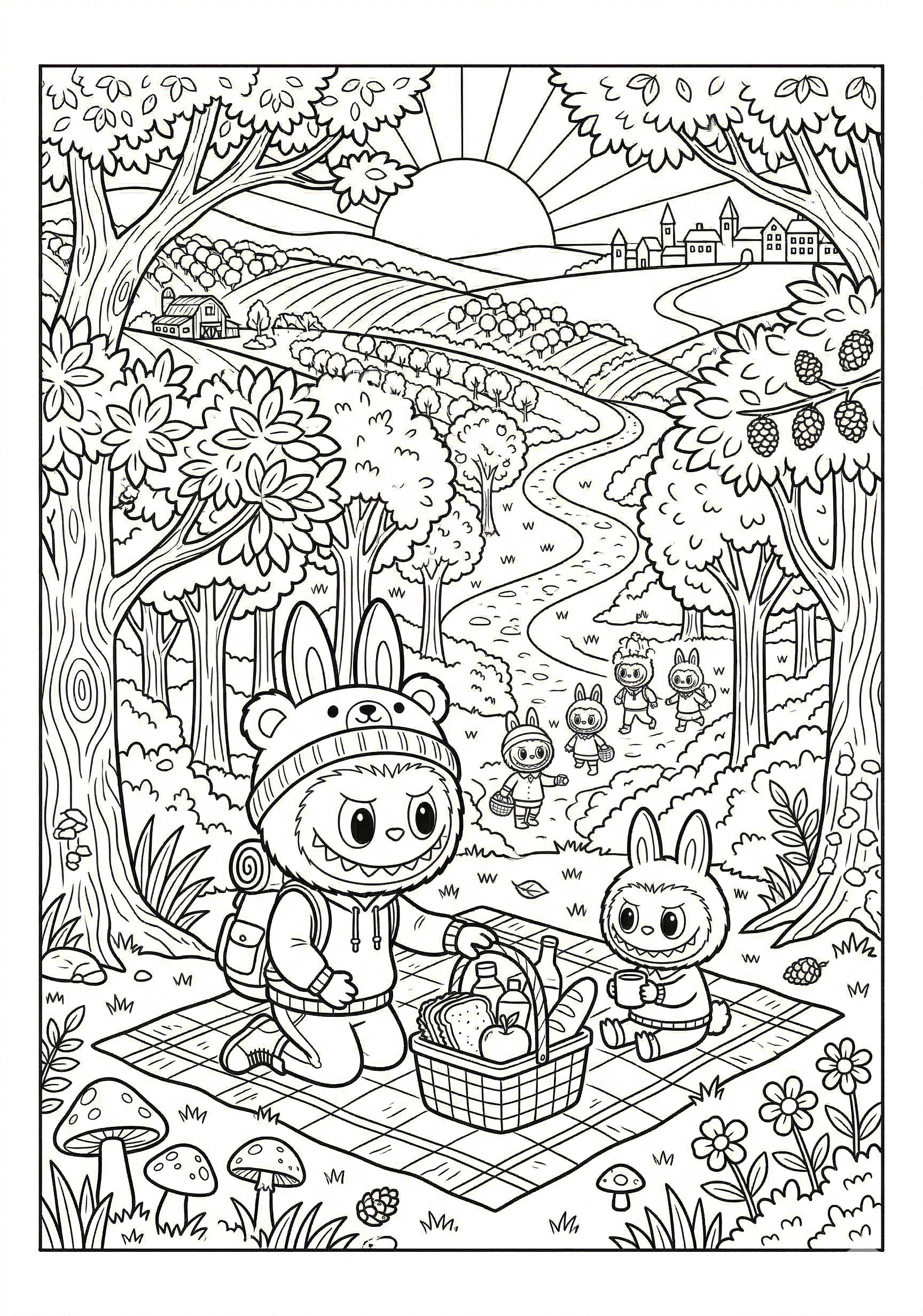 Labubu forest picnic spot with labubu coloring page for kids age 9-10