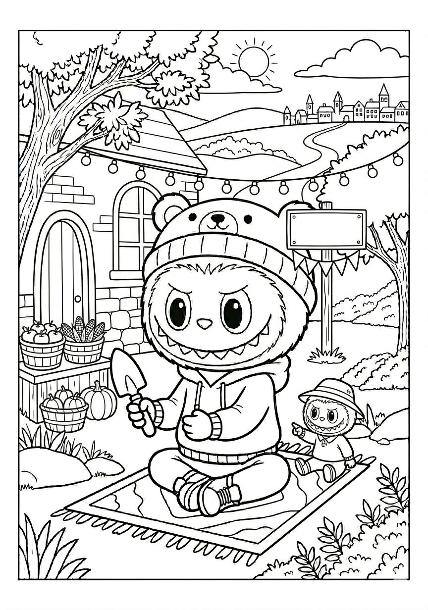Labubu labubu at harvest market coloring page for kids age 6-8