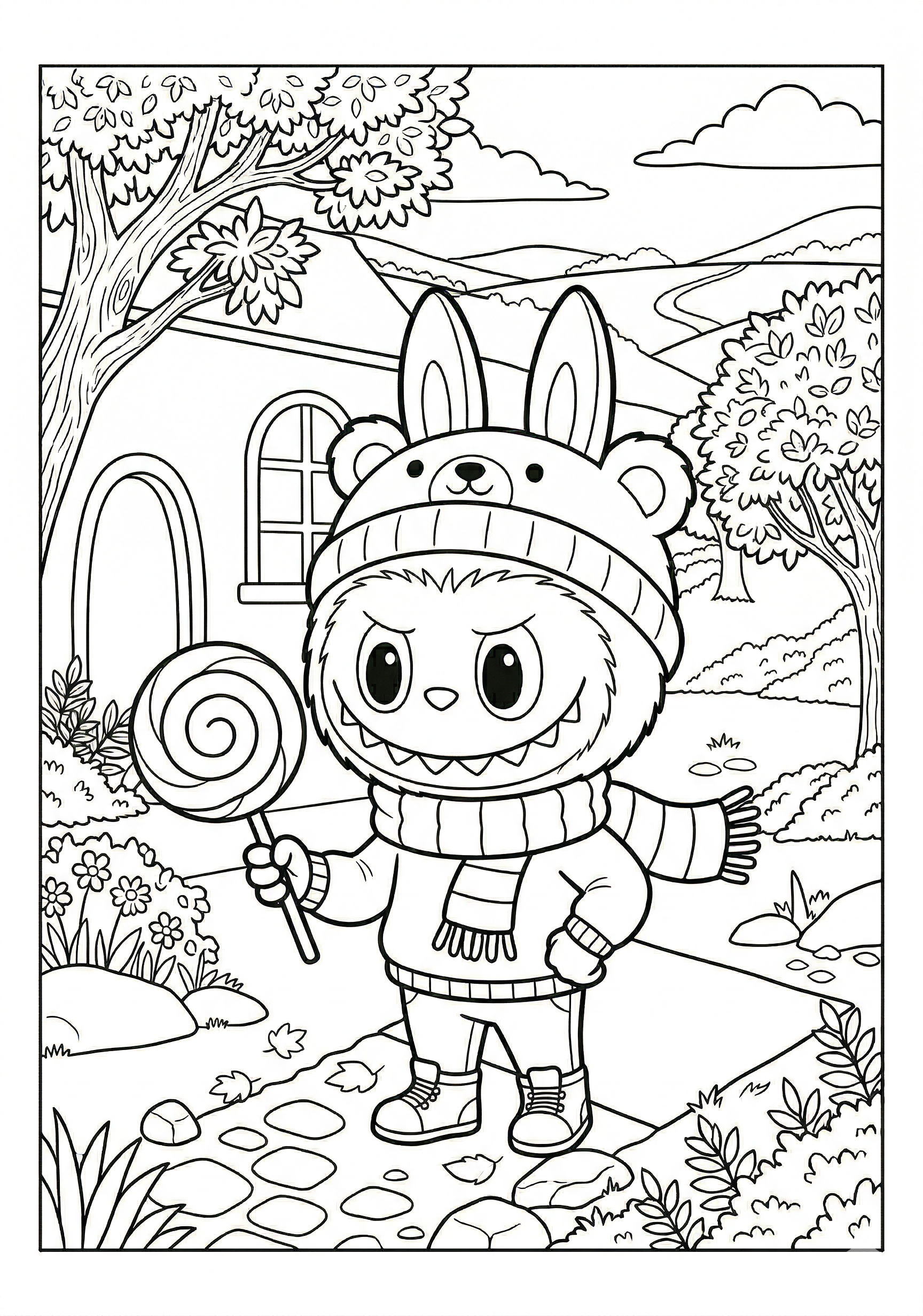 Labubu labubu holding lollipop coloring page for kids age 6-8