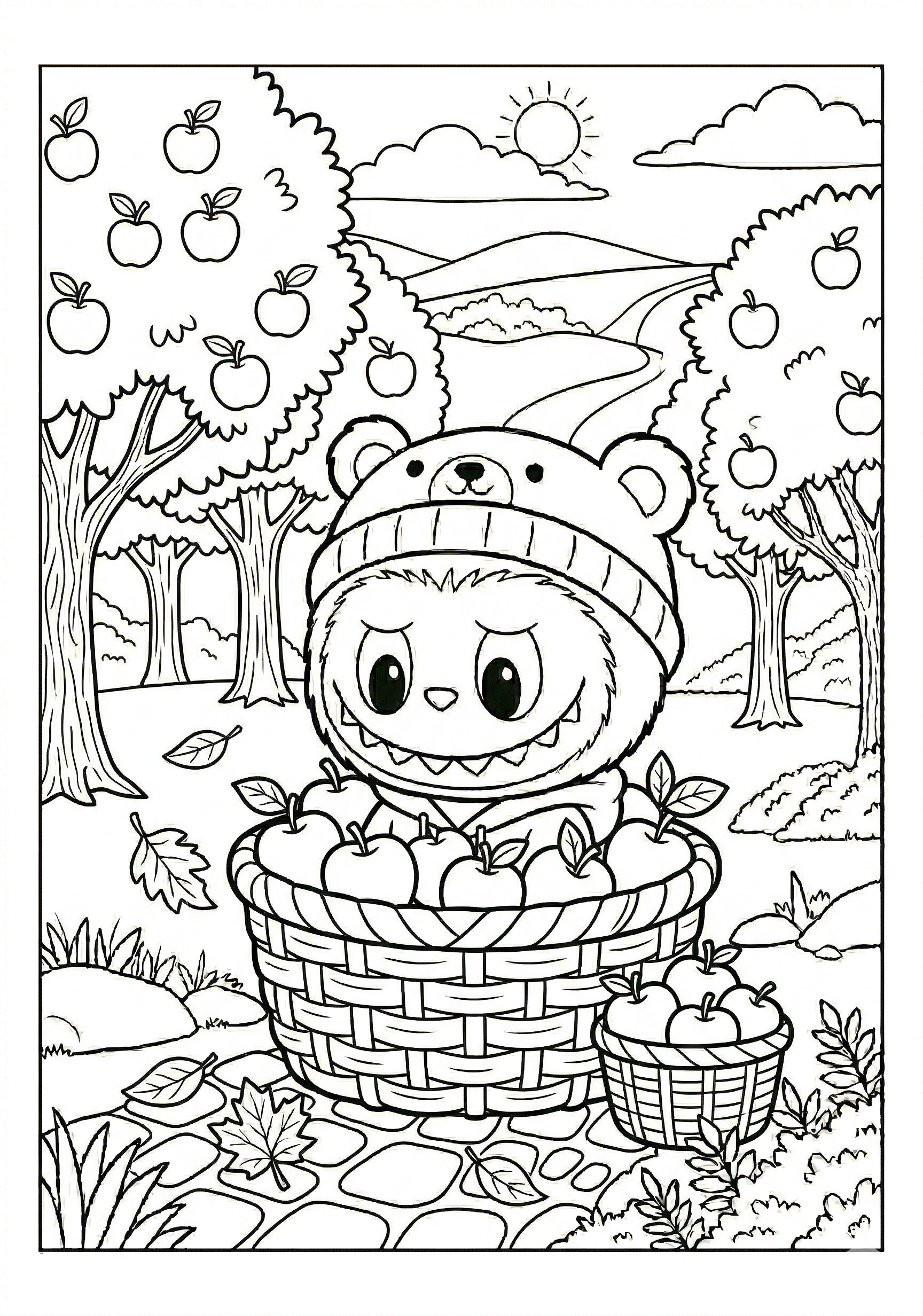 Labubu labubu in apple orchard basket coloring page for kids age 6-8