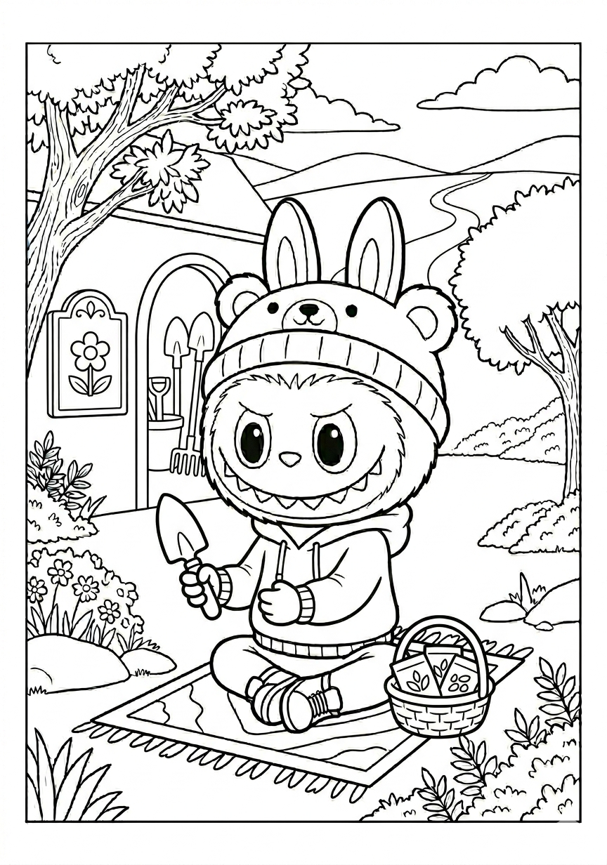 Labubu labubu in garden path coloring page for kids age 6-8