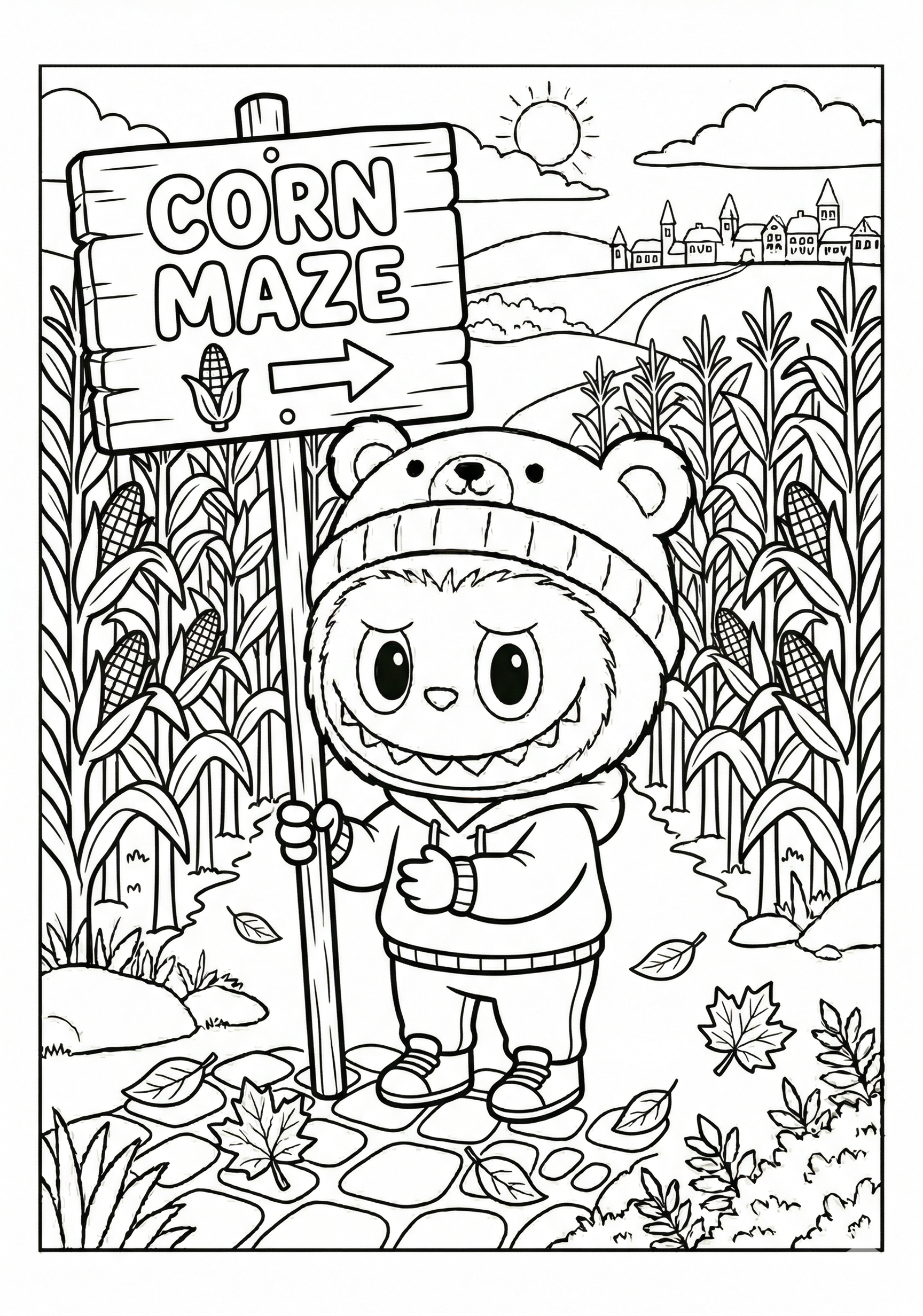 Labubu labubu with corn maze sign coloring page for kids age 6-8