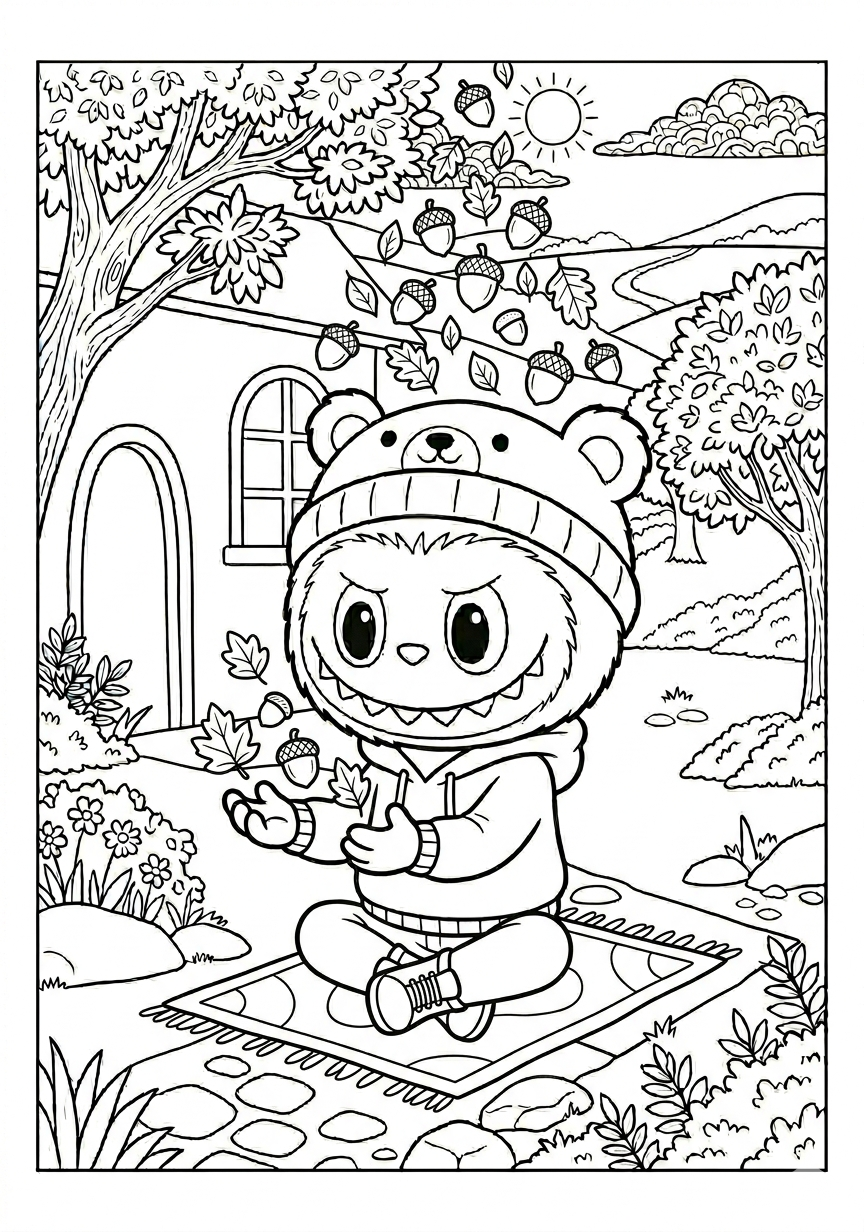 Labubu labubu with falling acorns coloring page for kids age 6-8