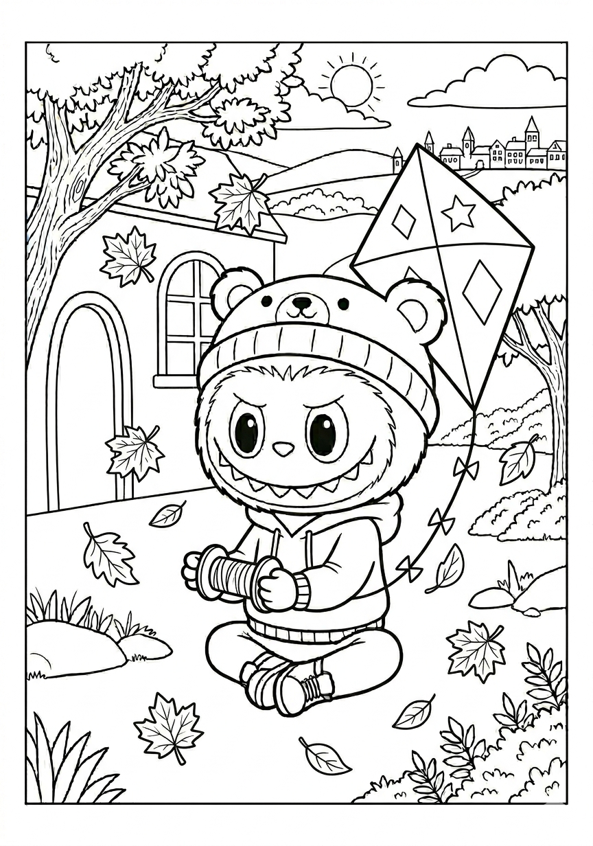 Labubu labubu with kite in fall wind coloring page for kids age 6-8
