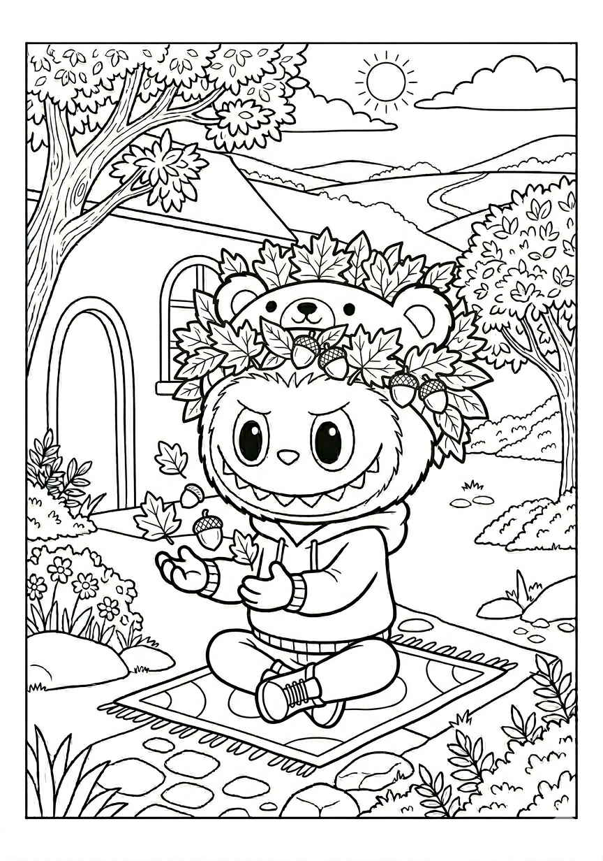 Labubu labubu with leaf crown coloring page for kids age 6-8