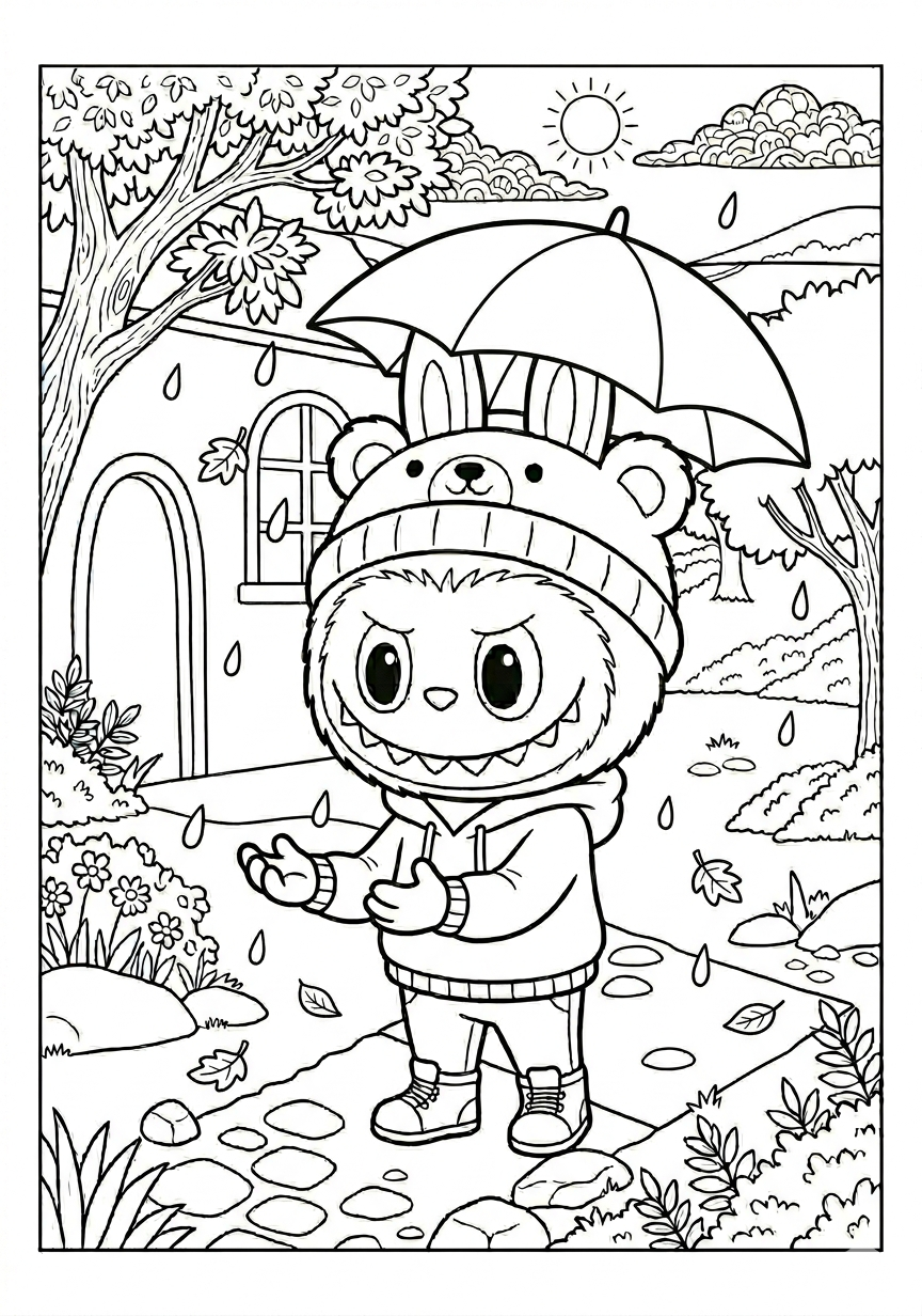 Labubu labubu with umbrella coloring page for kids age 6-8