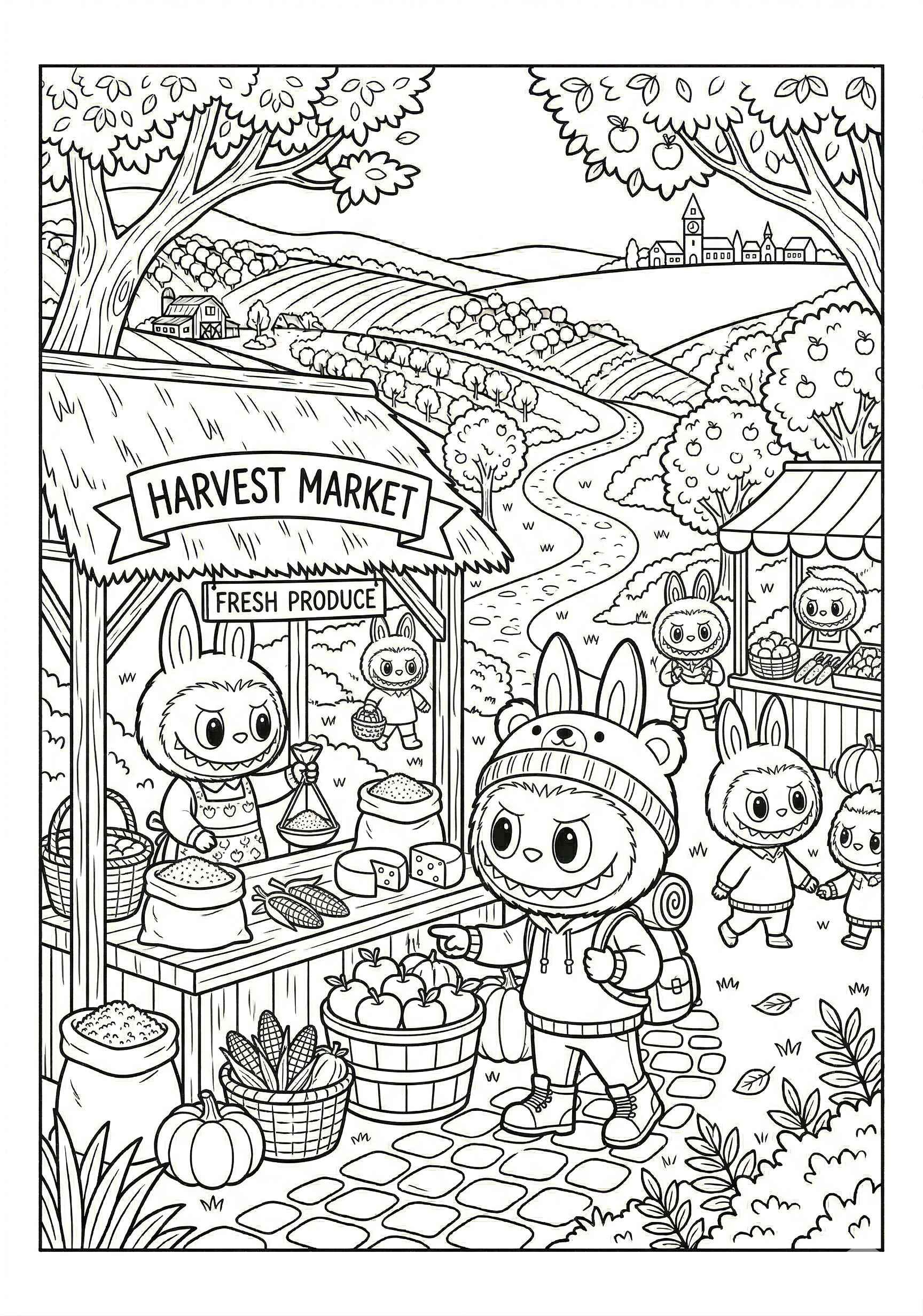 Labubu market day harvest scene with labubu coloring page for kids age 9-10