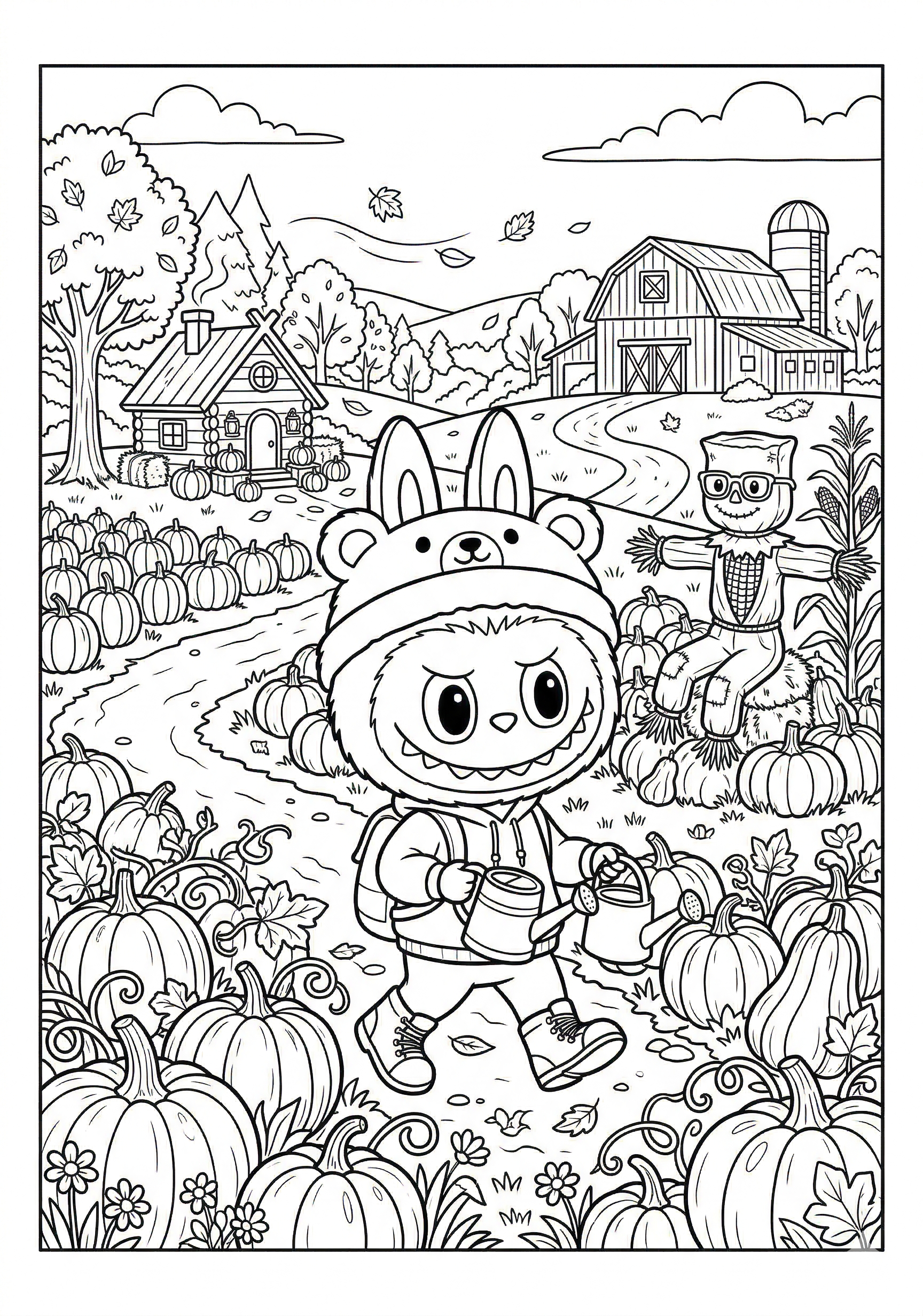 Labubu pumpkin patch panorama with labubu coloring page for kids age 9-10