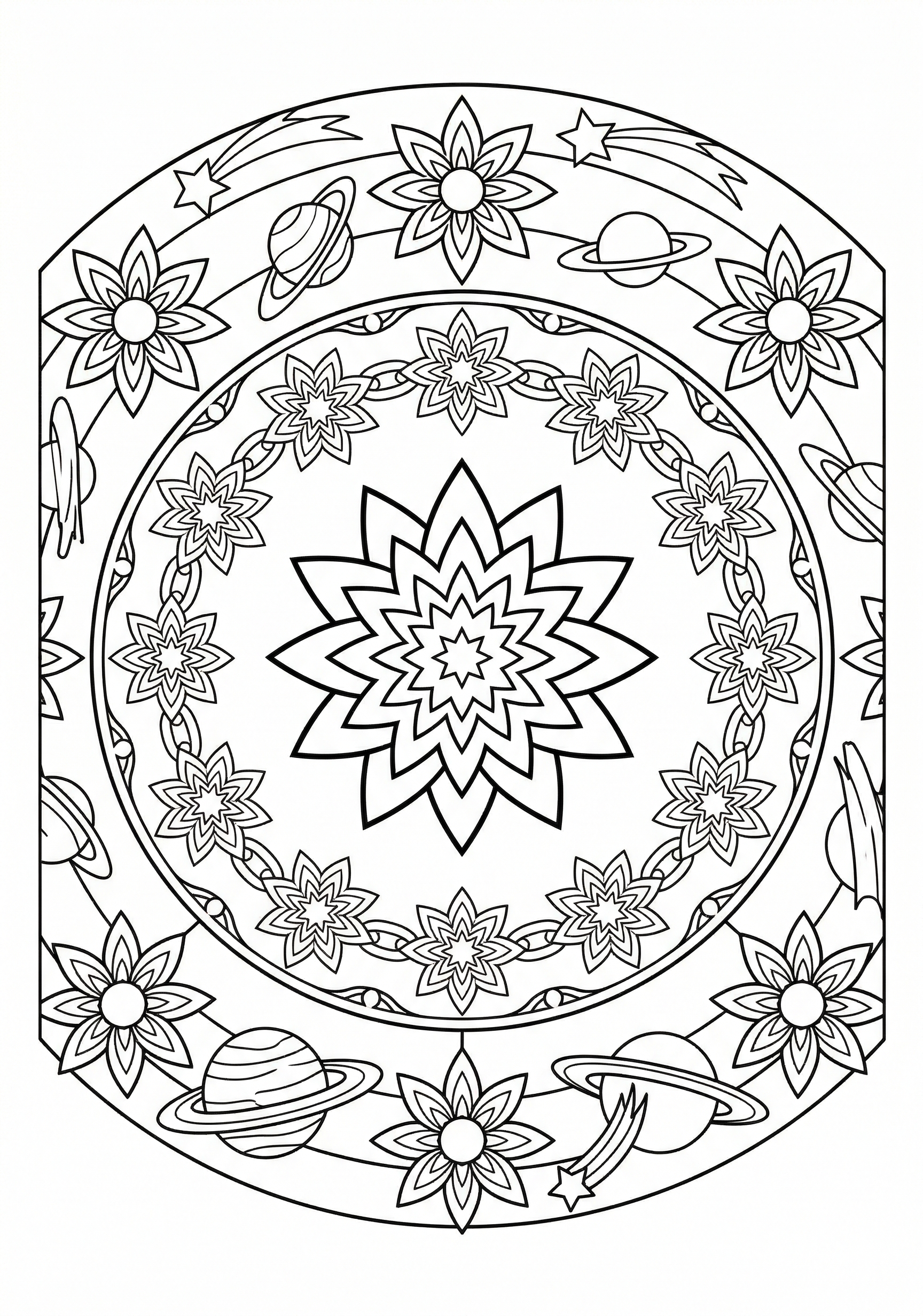 Mandala nested starflower orbit coloring page for kids age 9-10