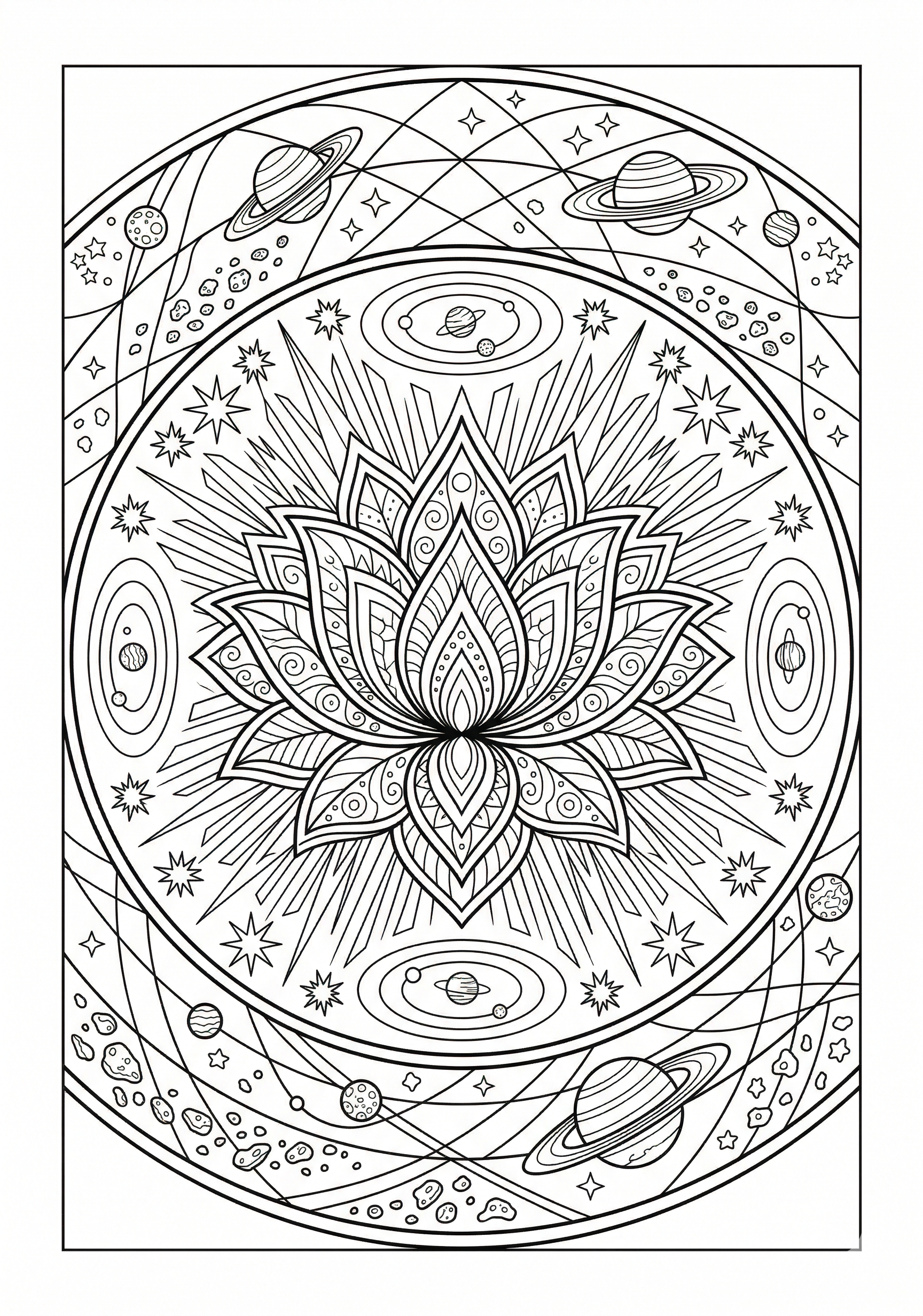 Mandala radiant orbit lotus coloring page for kids age 9-10