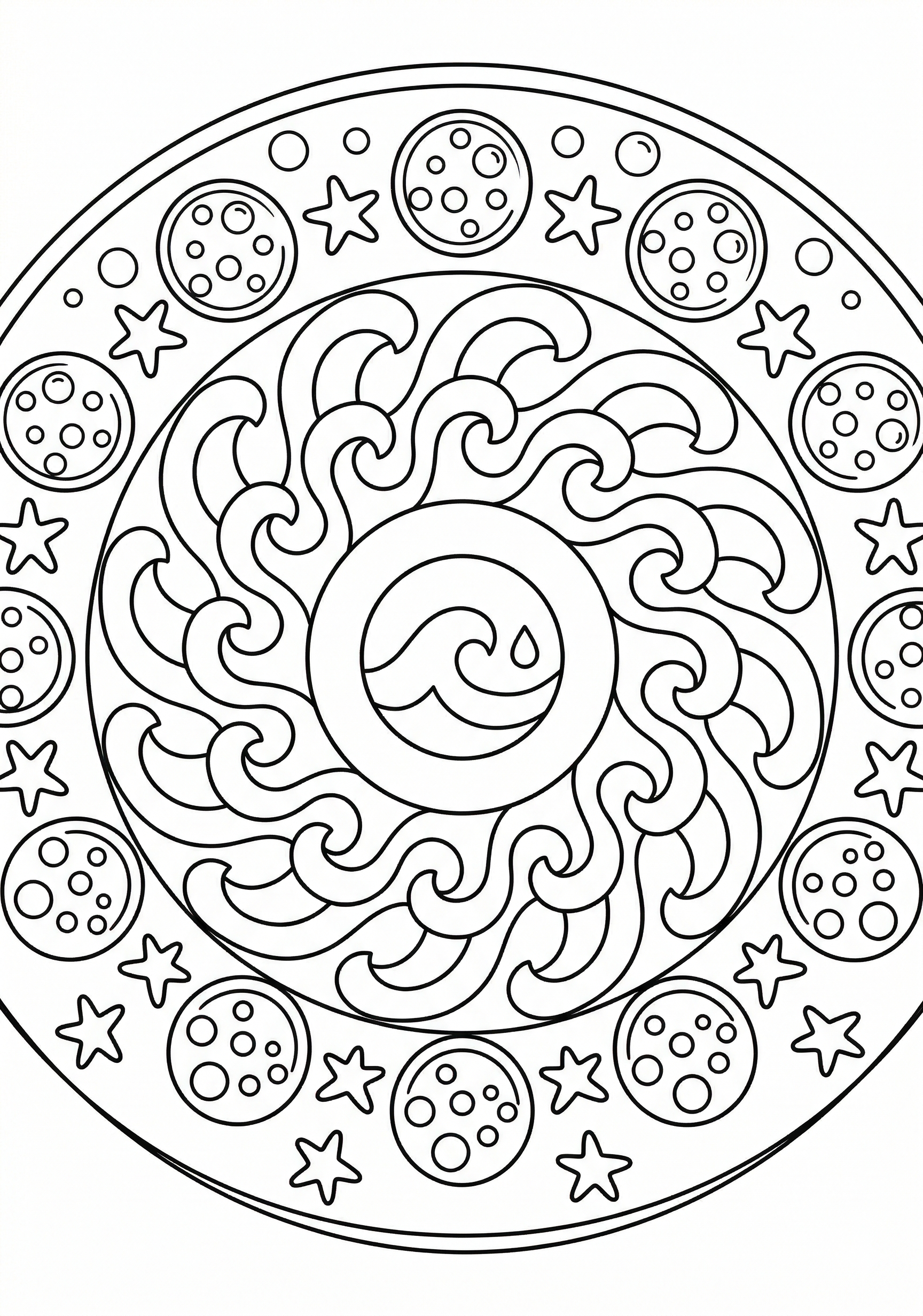 Mandala wave circle pattern coloring page for kids age 6-8