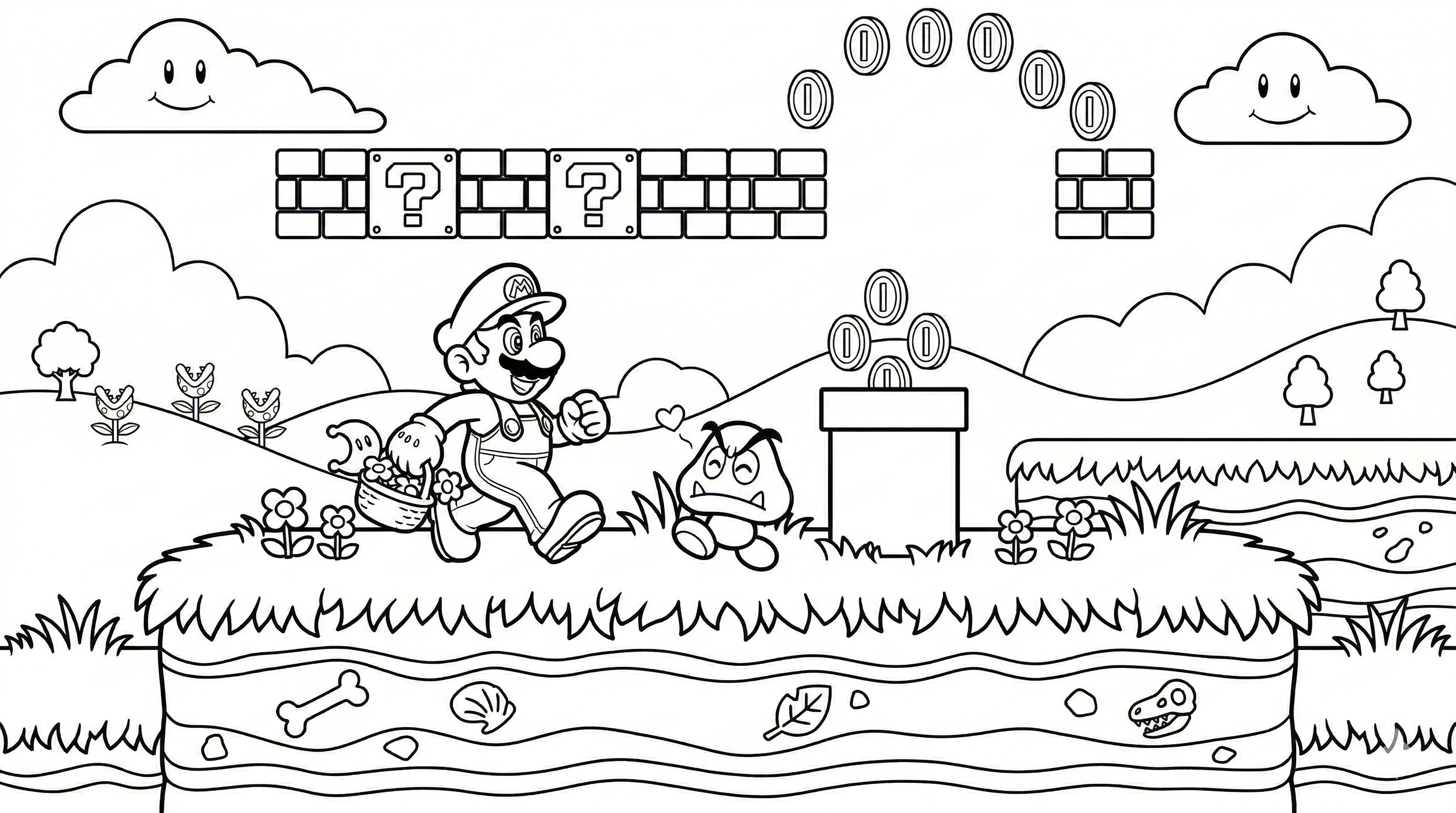 Mario mario and friendly goomba coloring page for kids age 6-8