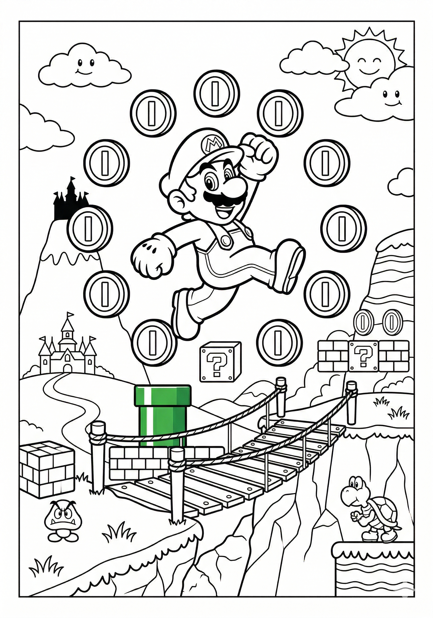 Mario mario bridge platform adventure coloring page for kids age 9-10