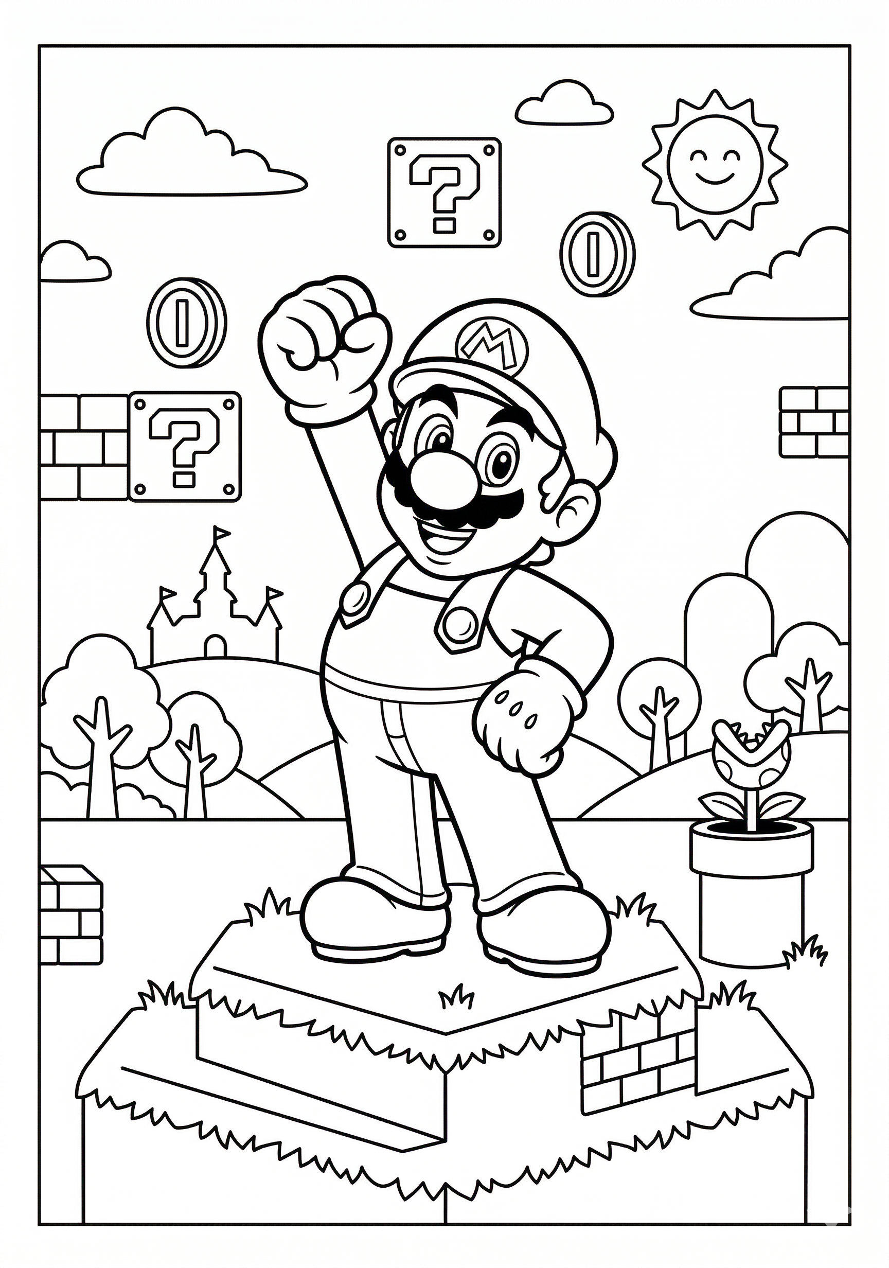 Mario mario hero pose in platform world coloring page for kids age 6-8