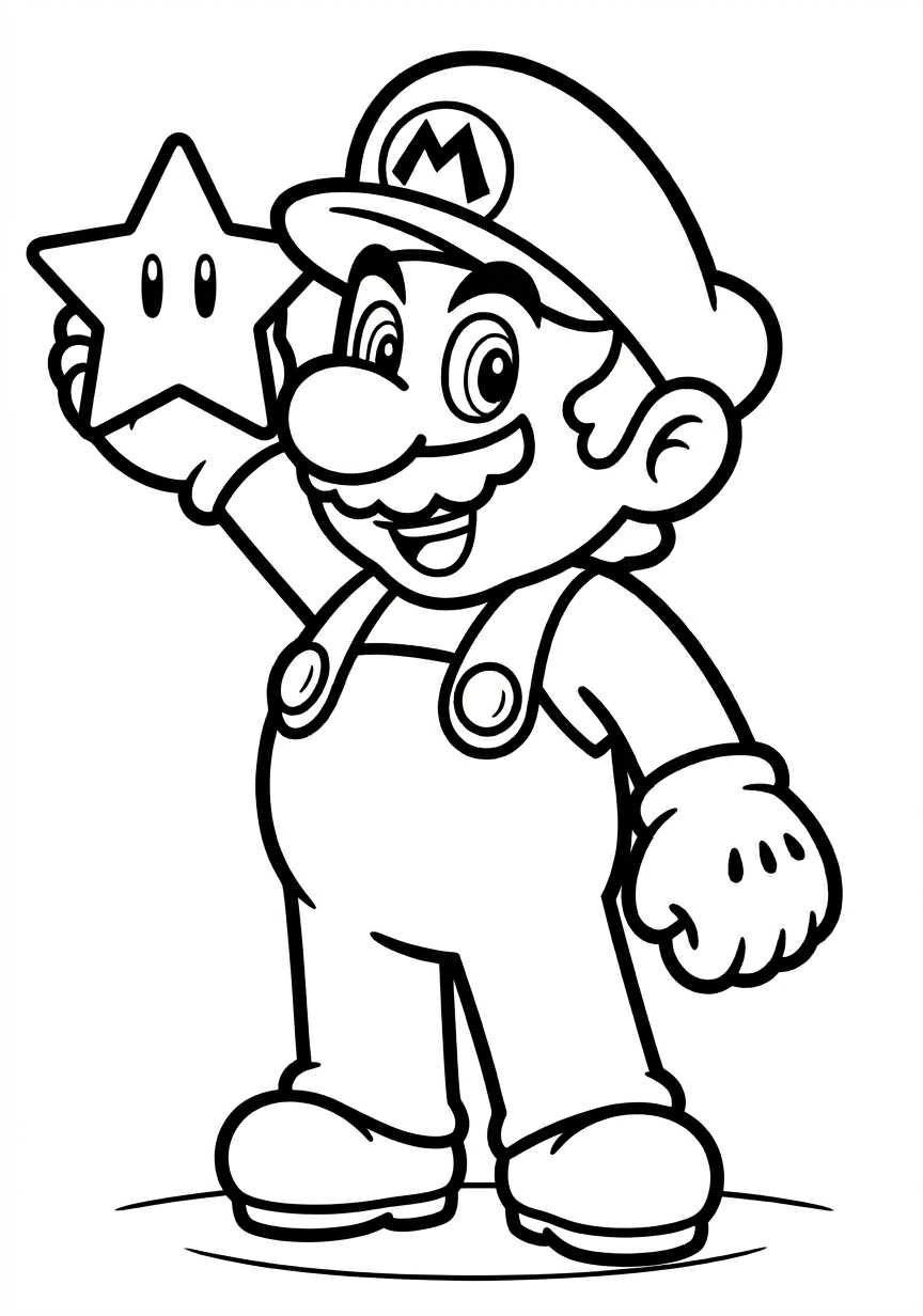 Mario mario holding power star coloring page for kids age 3-5
