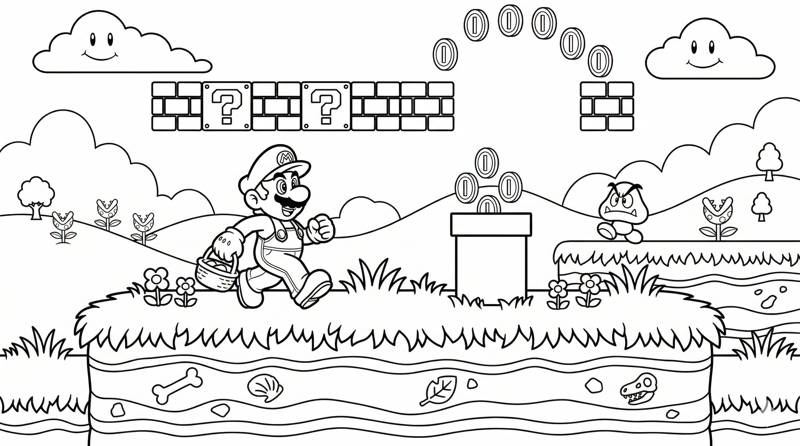 Mario mario in grass platform coloring page for kids age 6-8