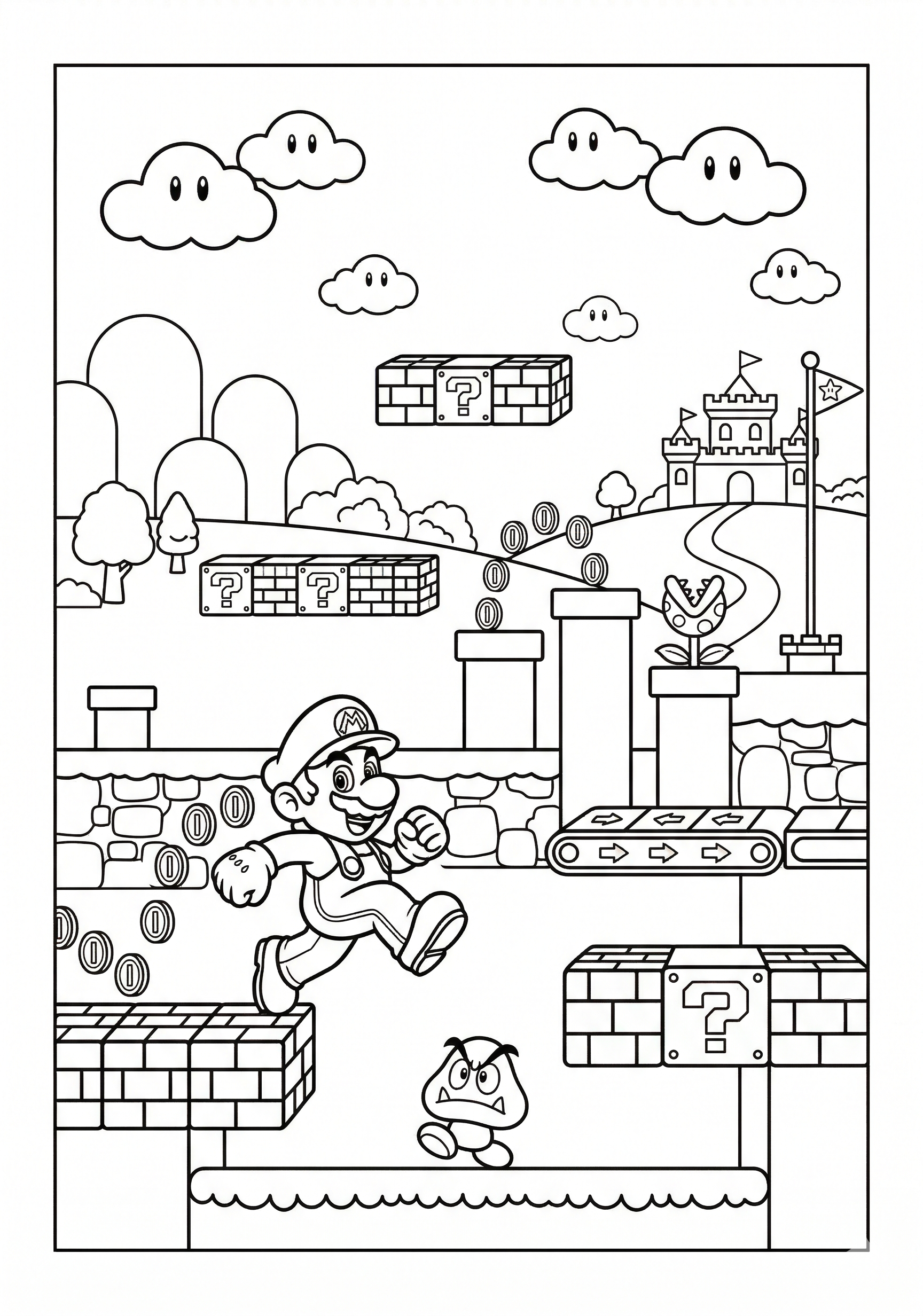 Mario mario obstacle course scene coloring page for kids age 9-10