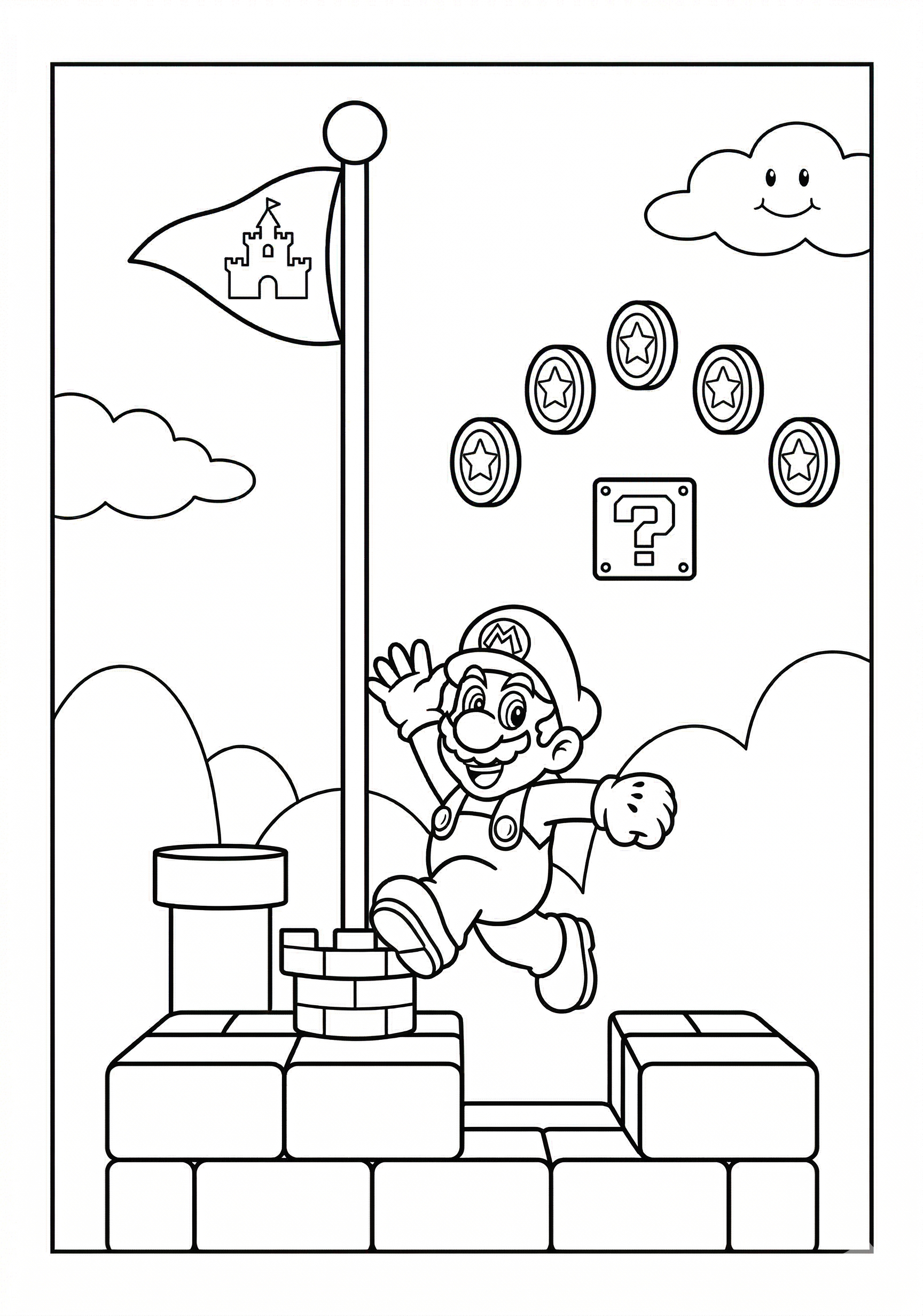 Mario mario platform hop scene coloring page for kids age 6-8
