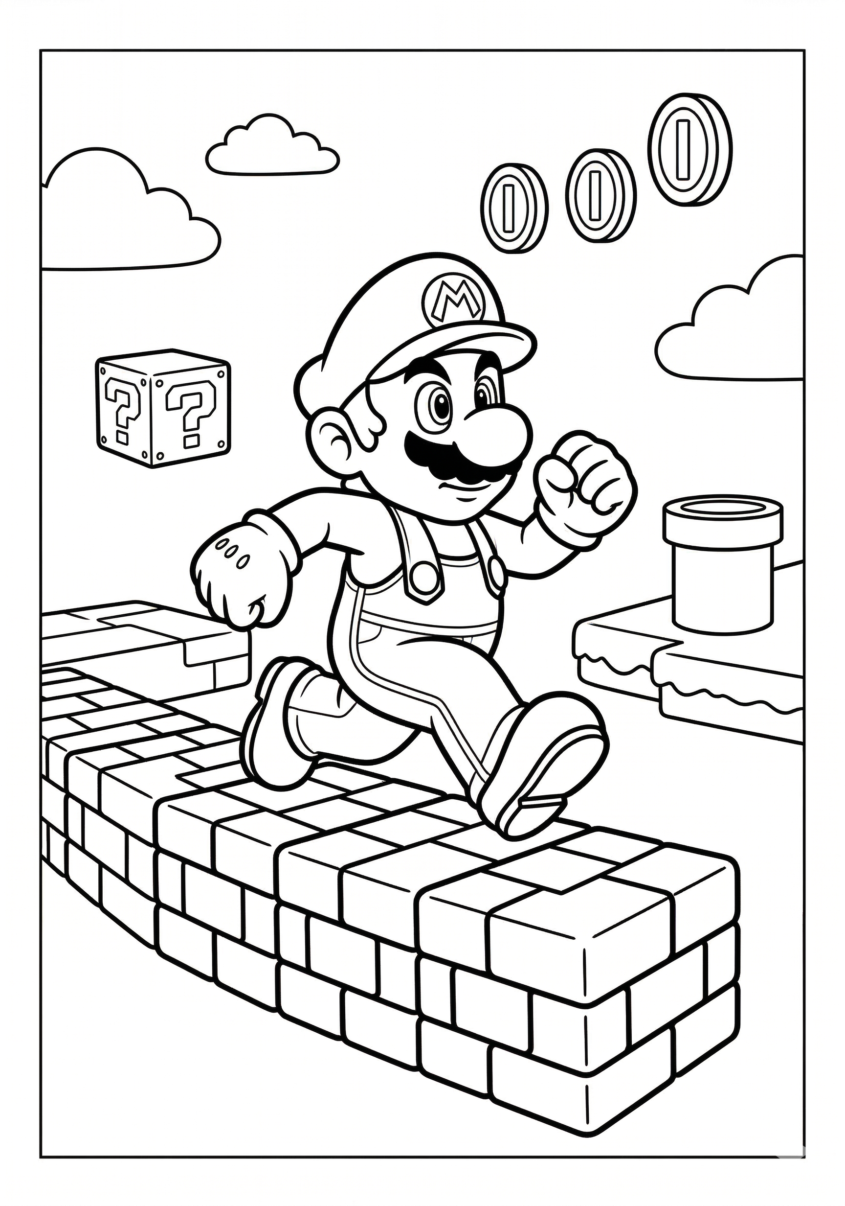 Mario mario running on platform coloring page for kids age 6-8