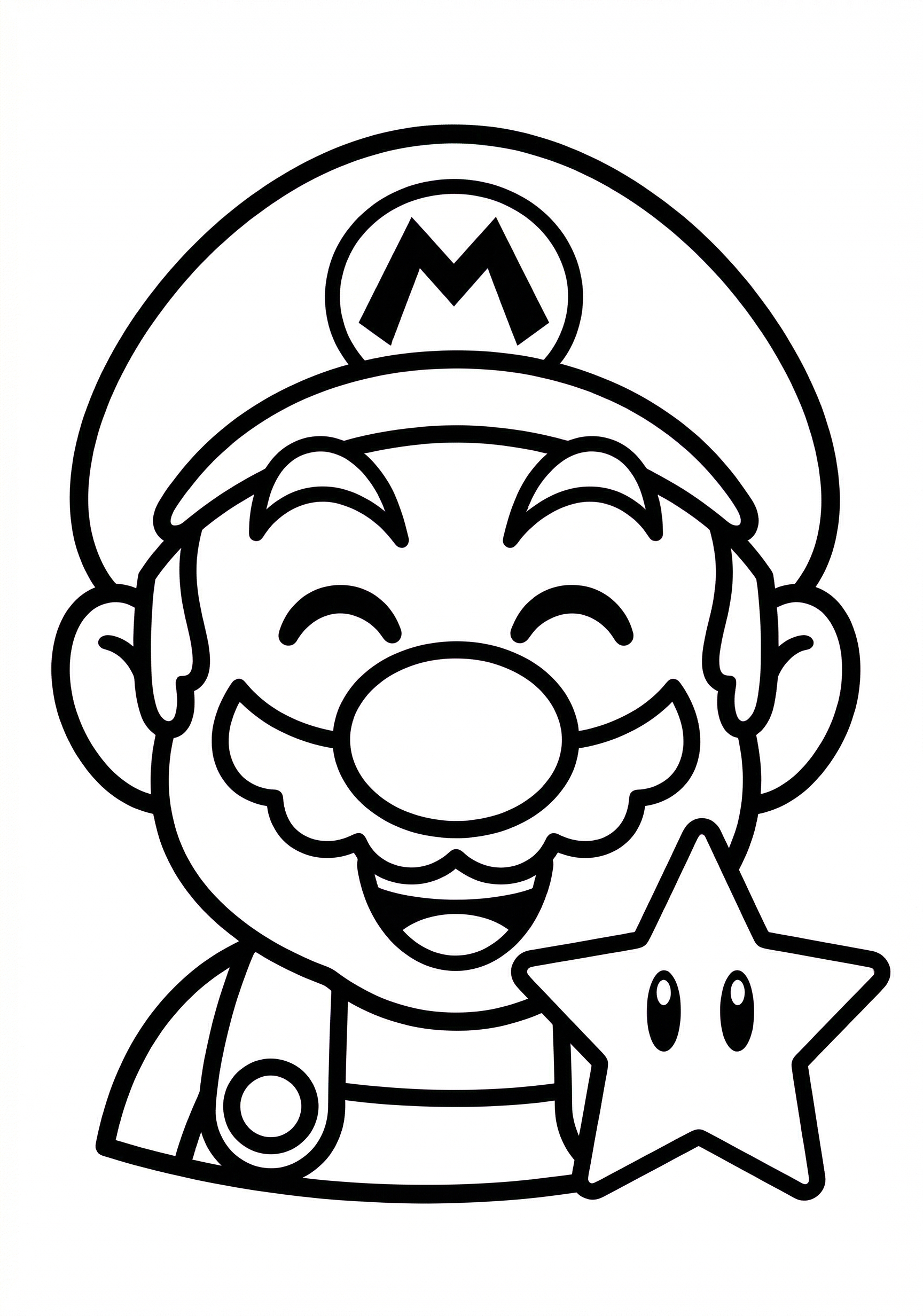 Mario mario with star coloring page for kids age 3-5