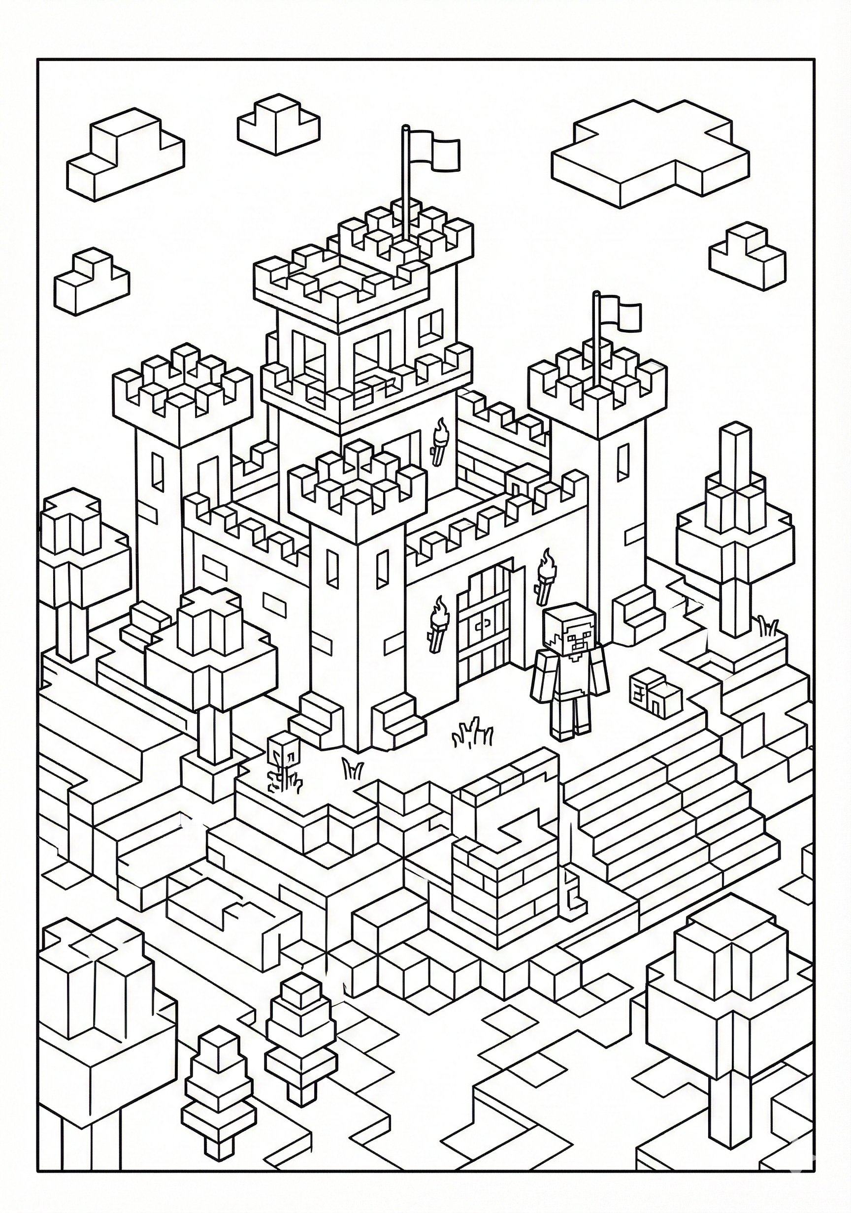 Block fort and trees Minecraft coloring page for kids age 9-10