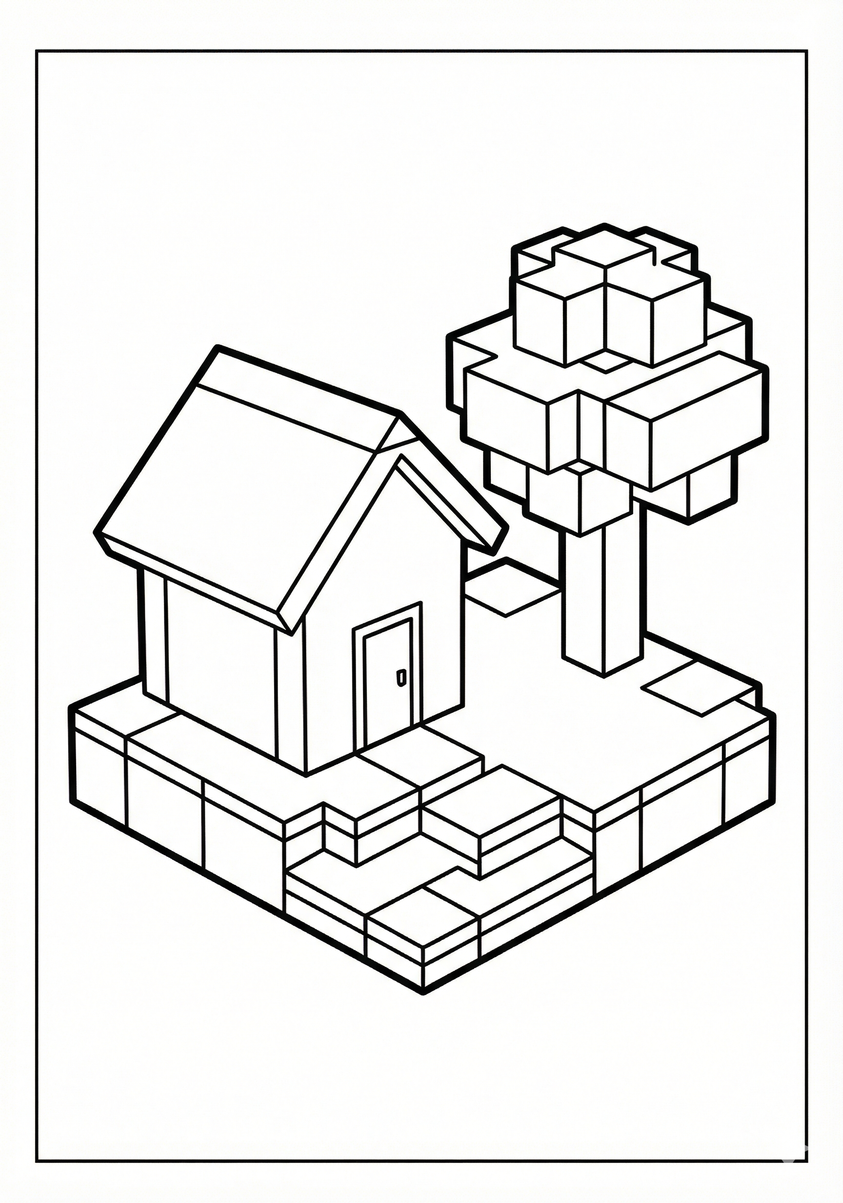 Block house and block tree Minecraft coloring page for kids age 6-8