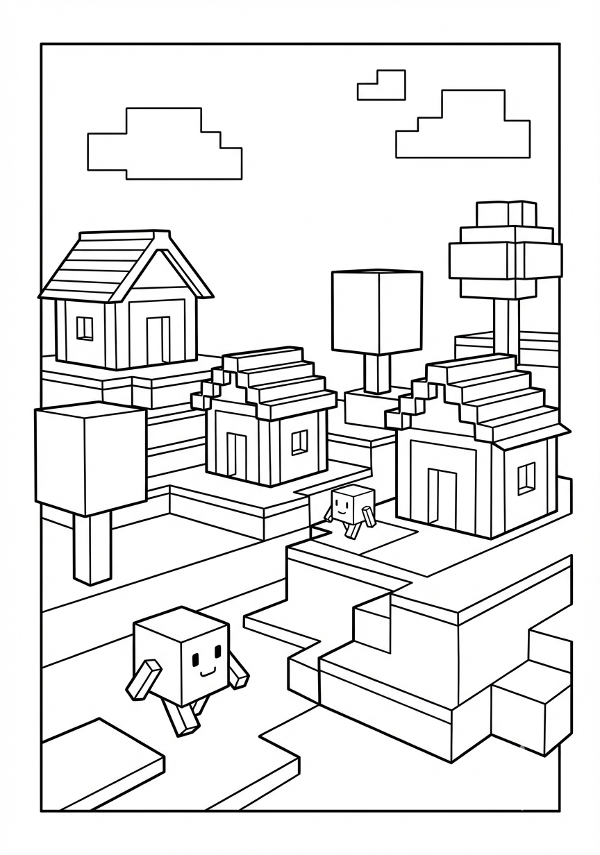 Simple block village Minecraft coloring page for kids age 6-8