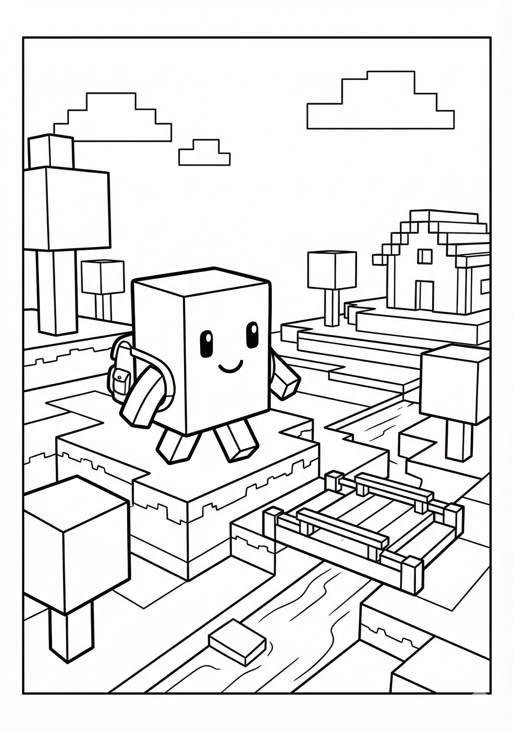 Block world adventure scene Minecraft coloring page for kids age 6-8