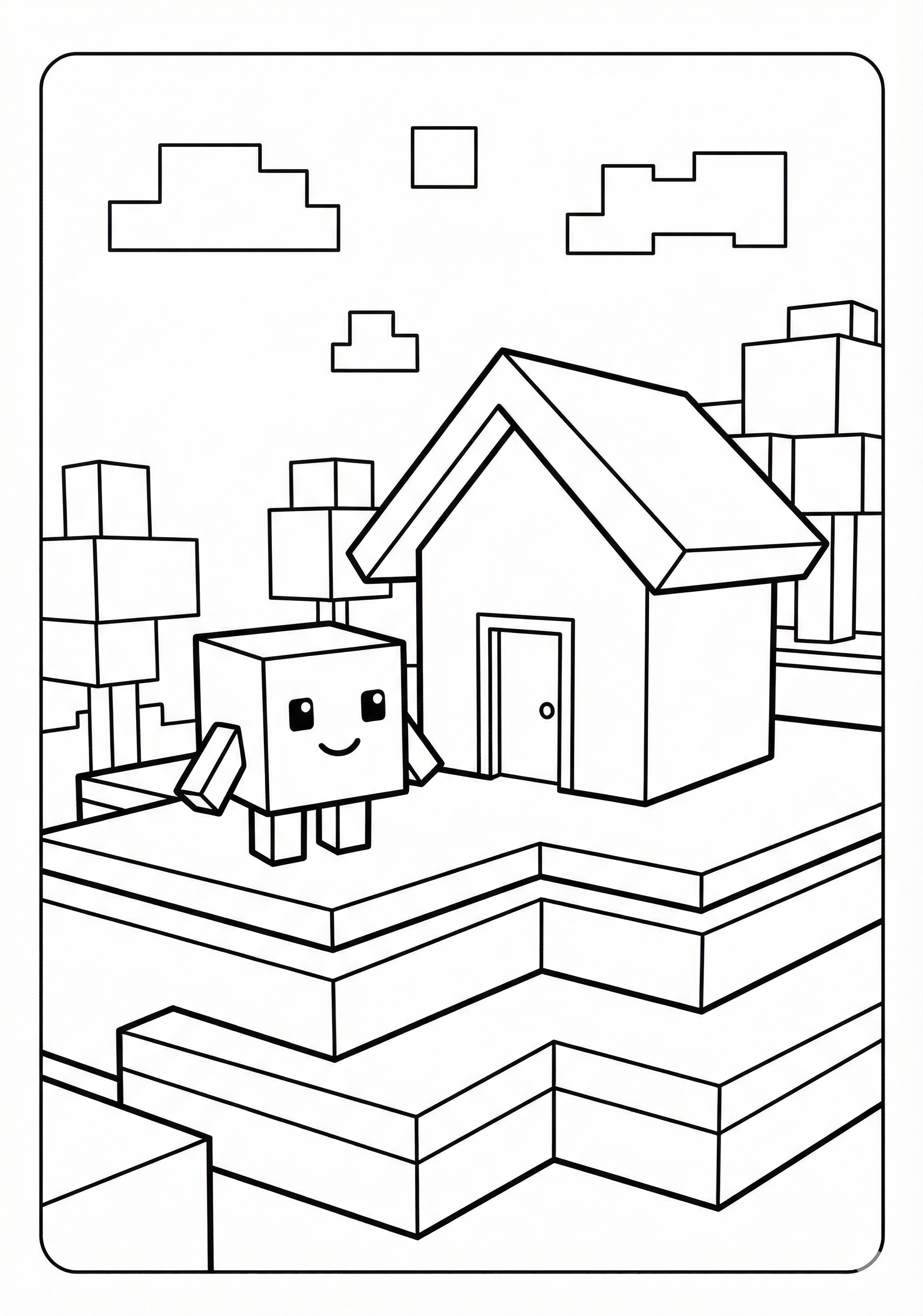 Cube character at small block house Minecraft coloring page for kids age 6-8