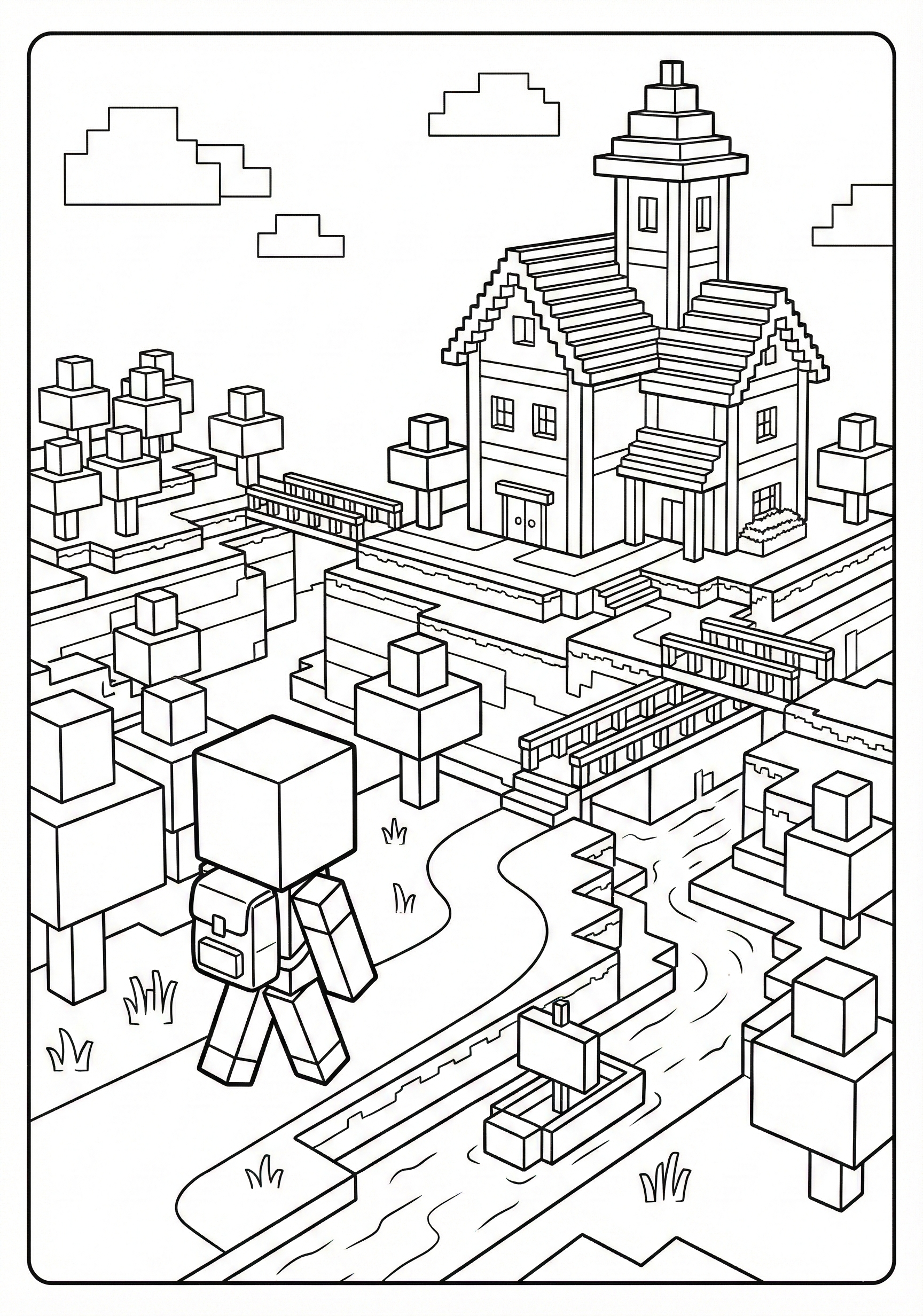 Cube character in structured block world Minecraft coloring page for kids age 9-10