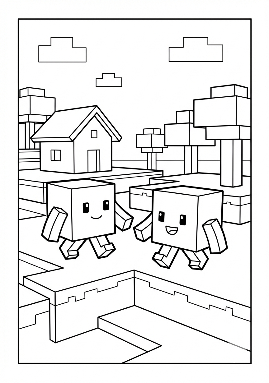 Cube characters in outdoor block scene Minecraft coloring page for kids age 6-8