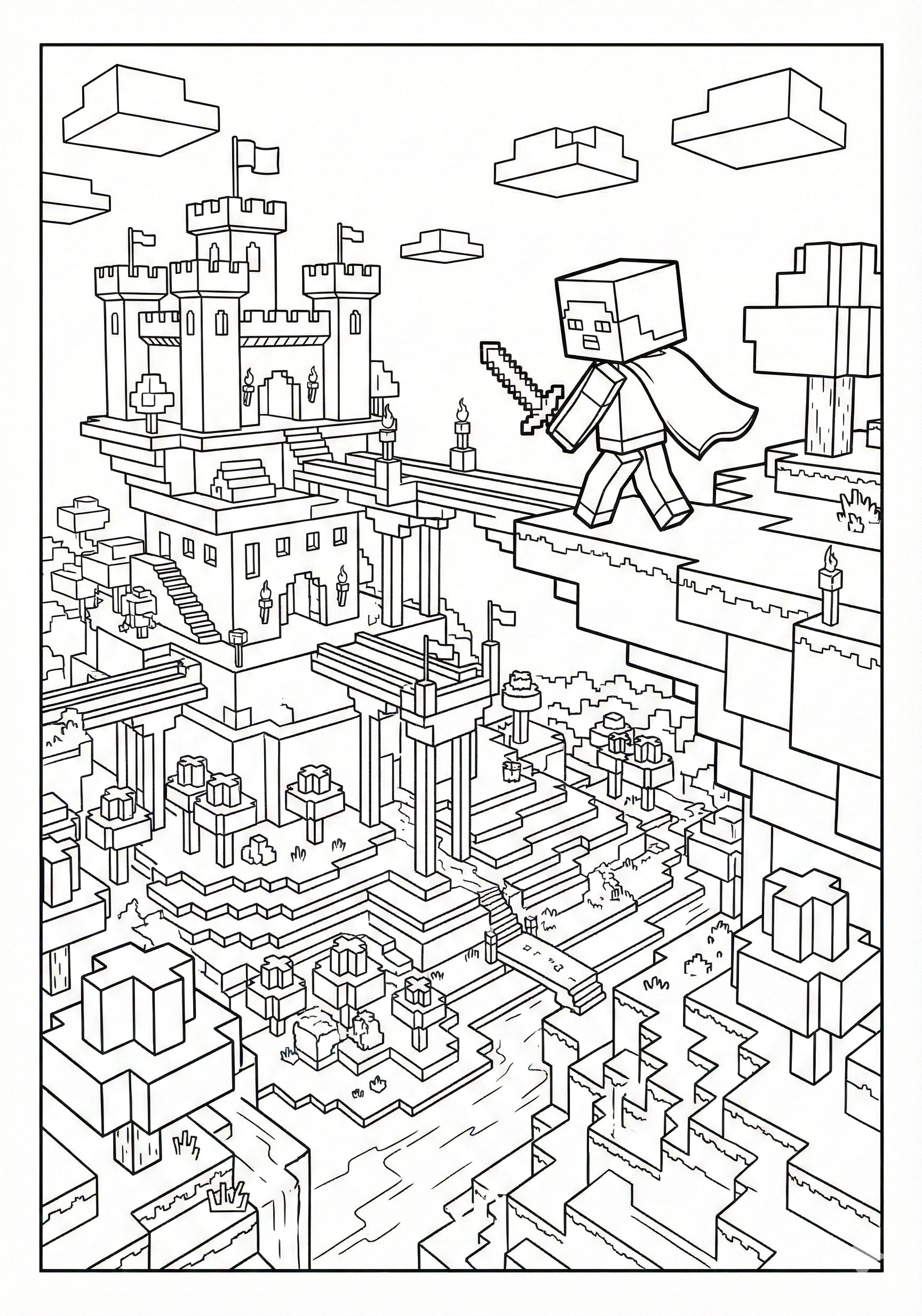 Structured block world scene Minecraft coloring page for kids age 9-10