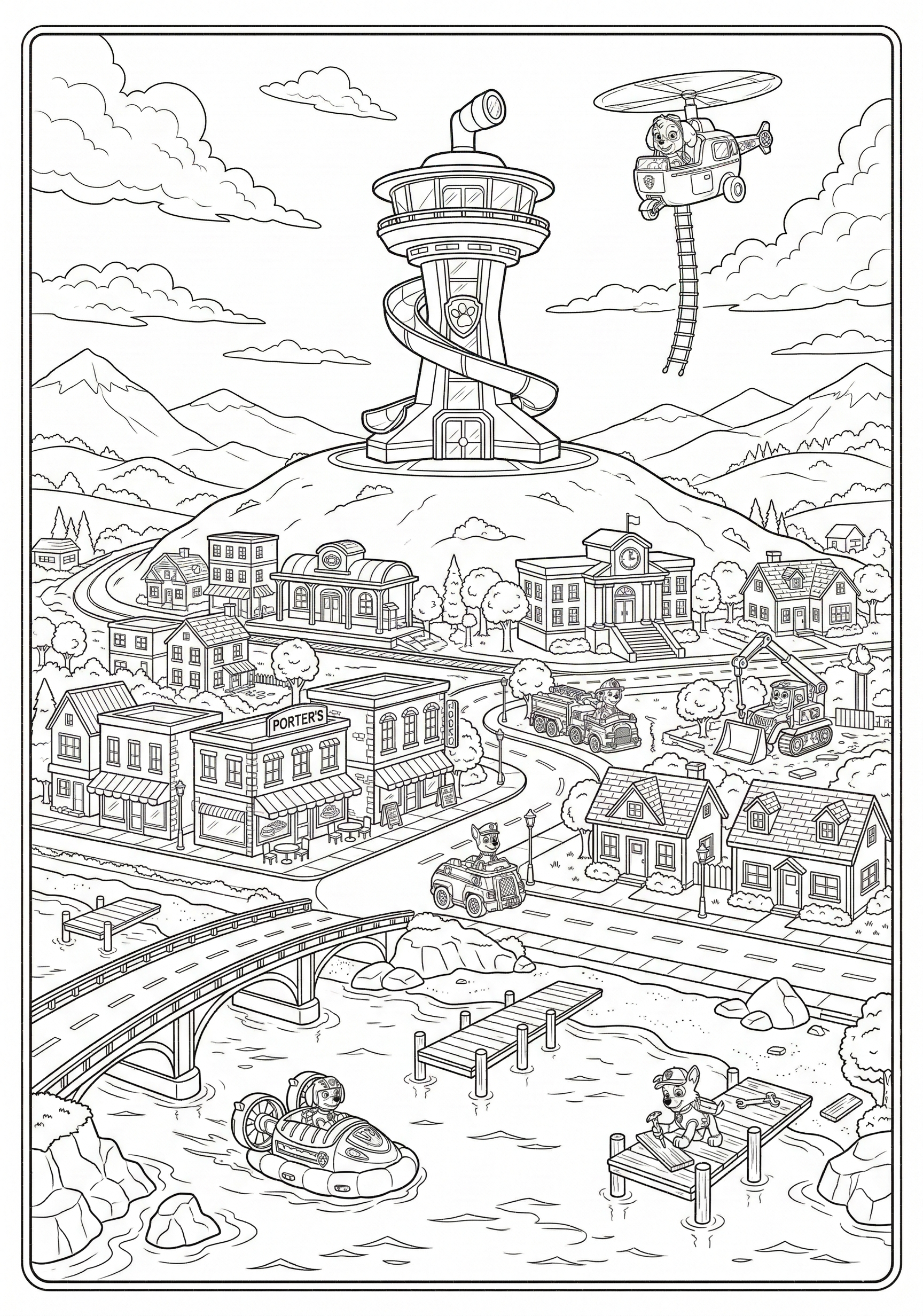 Wide Adventure Bay panorama with lookout tower, town, and shoreline featuring Paw Patrol pups coloring page for kids age 9-10