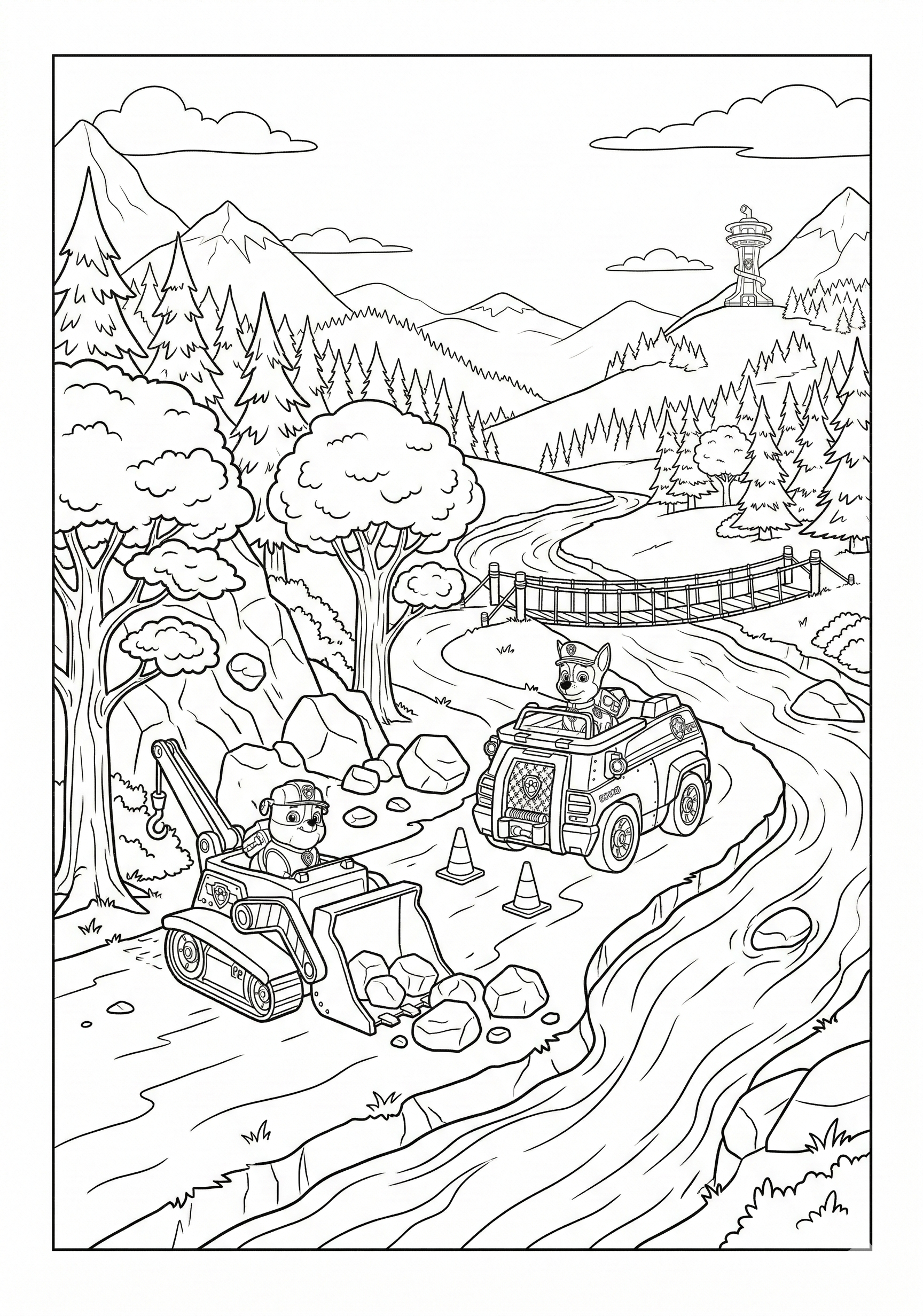 Paw Patrol forest trail rescue with trees, river, and layered background coloring page for kids age 9-10