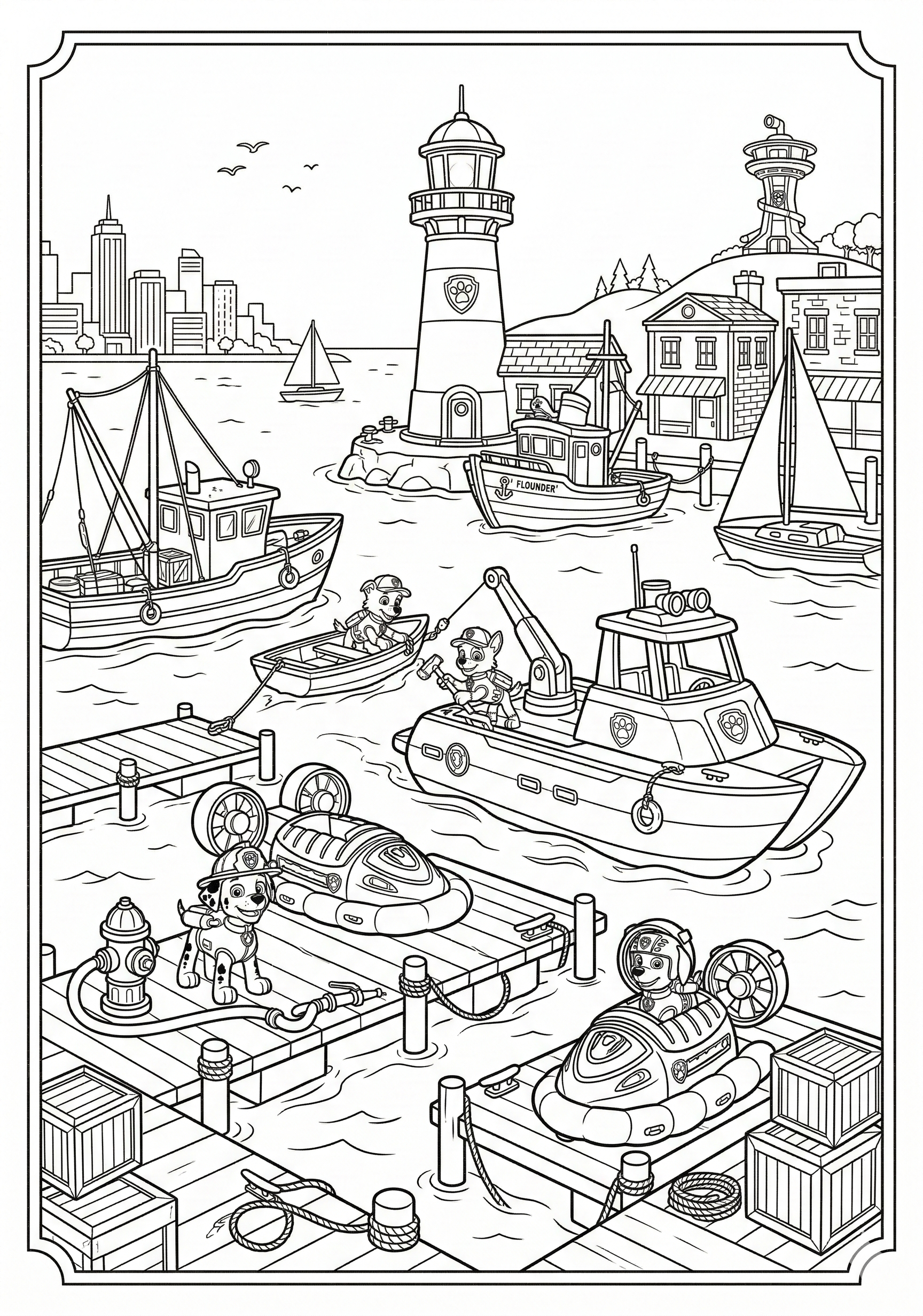 Detailed Paw Patrol harbor rescue with docks, boats, and lighthouse coloring page for kids age 9-10